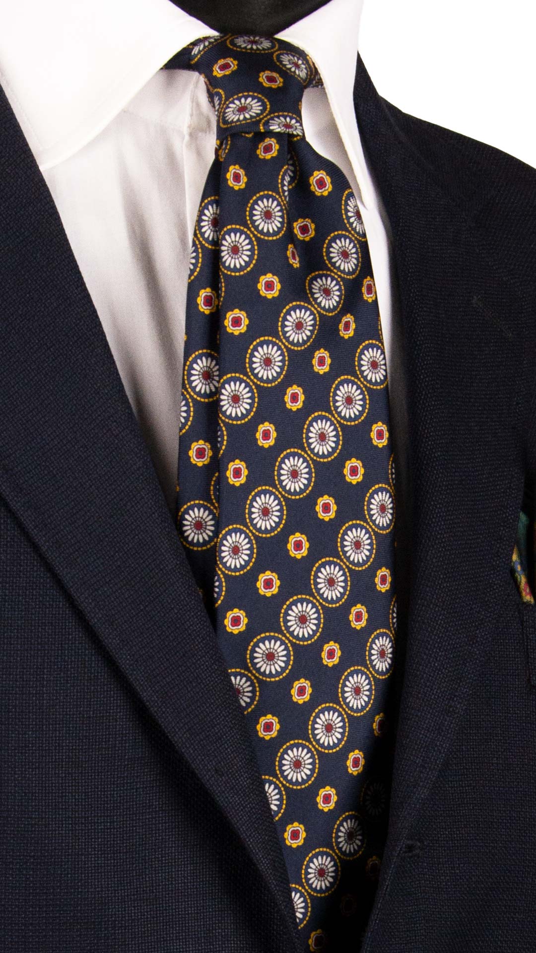 Cravatta-Stampa-di-Seta-Blu-Fantasia-Bianca-Gialla-Rossa-7051
