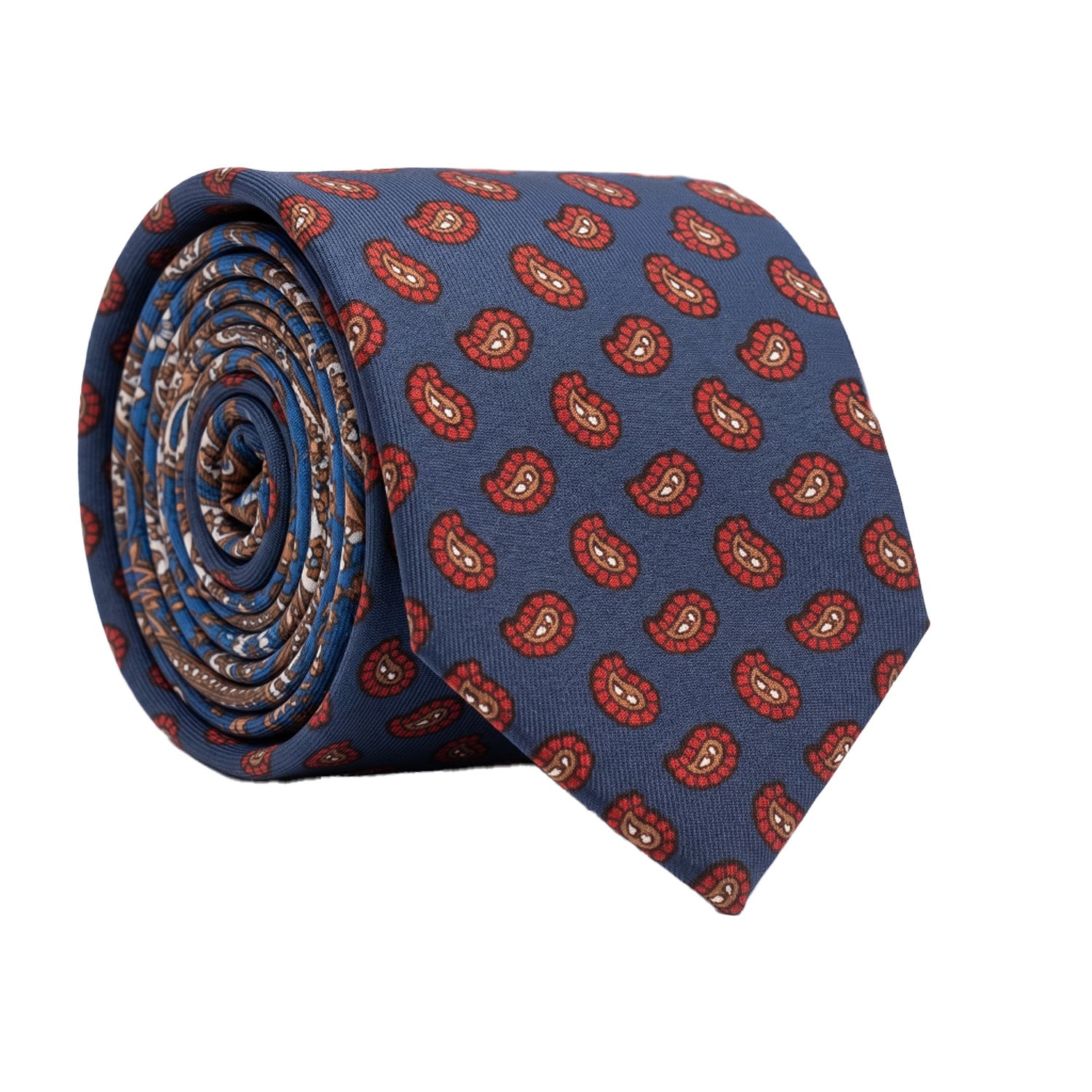 Cravatta Stampa di Seta Blu Navy Paisley Rosso Mattone Beige Marrone Nodo in Contrasto Bordeaux Fantasia Multicolor N3280 Made in Italy Graffeo Cravatte Rotolo