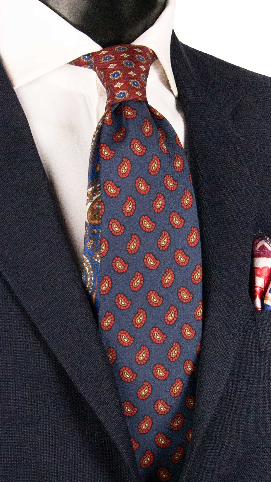 Cravatta Stampa di Seta Blu Navy Paisley Rosso Mattone Beige Marrone Nodo in Contrasto Bordeaux Fantasia Multicolor N3280 Made in Italy Graffeo Cravatte