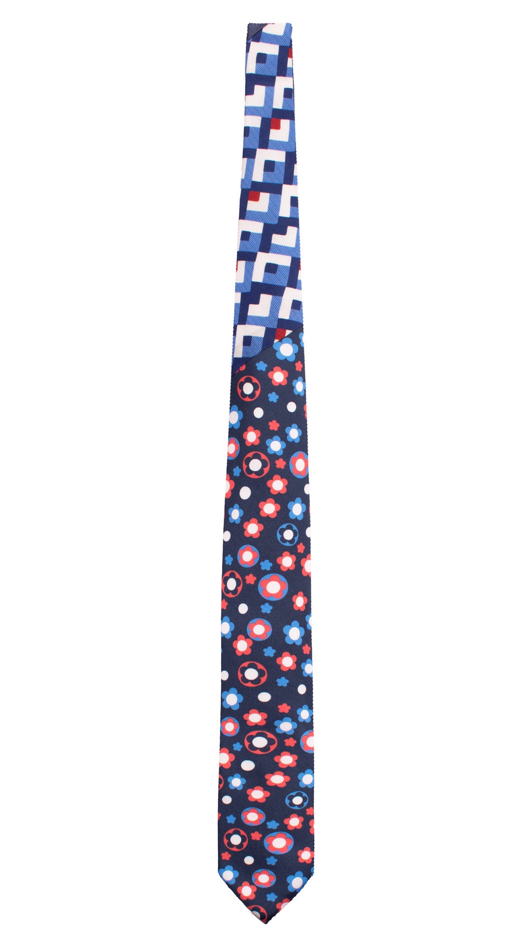 Cravatta Stampa di Seta Blu a Fiori Multicolor Nodo in Contrasto Fantasia Celeste Bianco Rosso N3266 Made in Italy Graffeo Cravatte Intera