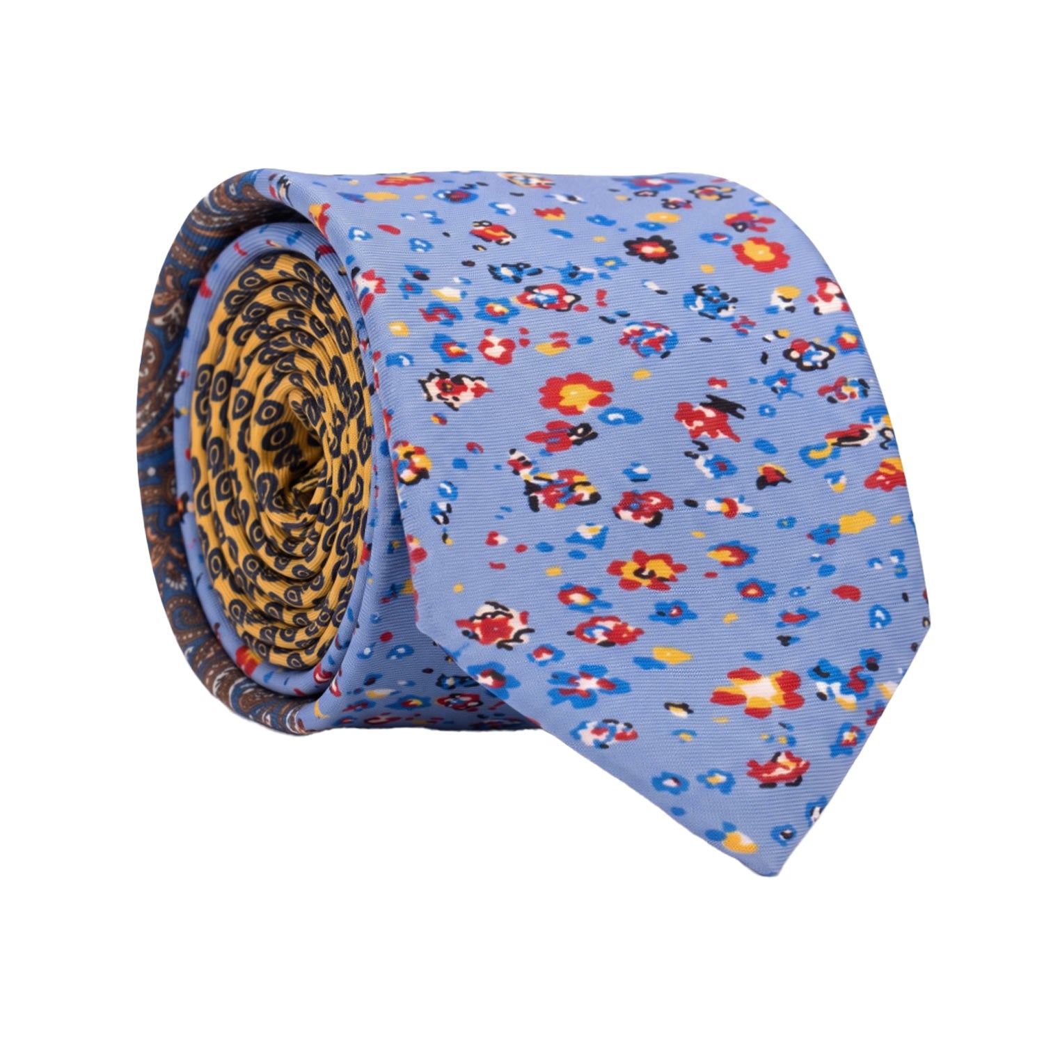 Cravatta Stampa di Seta Celeste Fantasia Multicolor Nodo in Contrasto Giallo Paisley Blu Verde Petrolio Bianco N3288 Made in Italy Graffeo Cravatte Rotolo