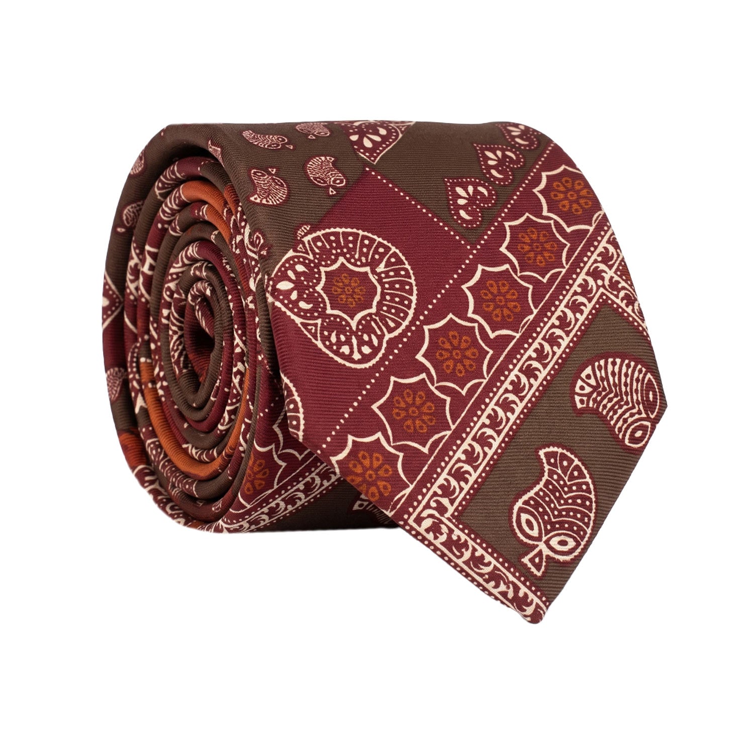Cravatta Stampa di Seta Fantasia Multicolor Nodo in Contrasto Marrone Fantasia Bianco Sporco Bordeaux N3273 Made in Italy Graffeo Cravatte Rotolo