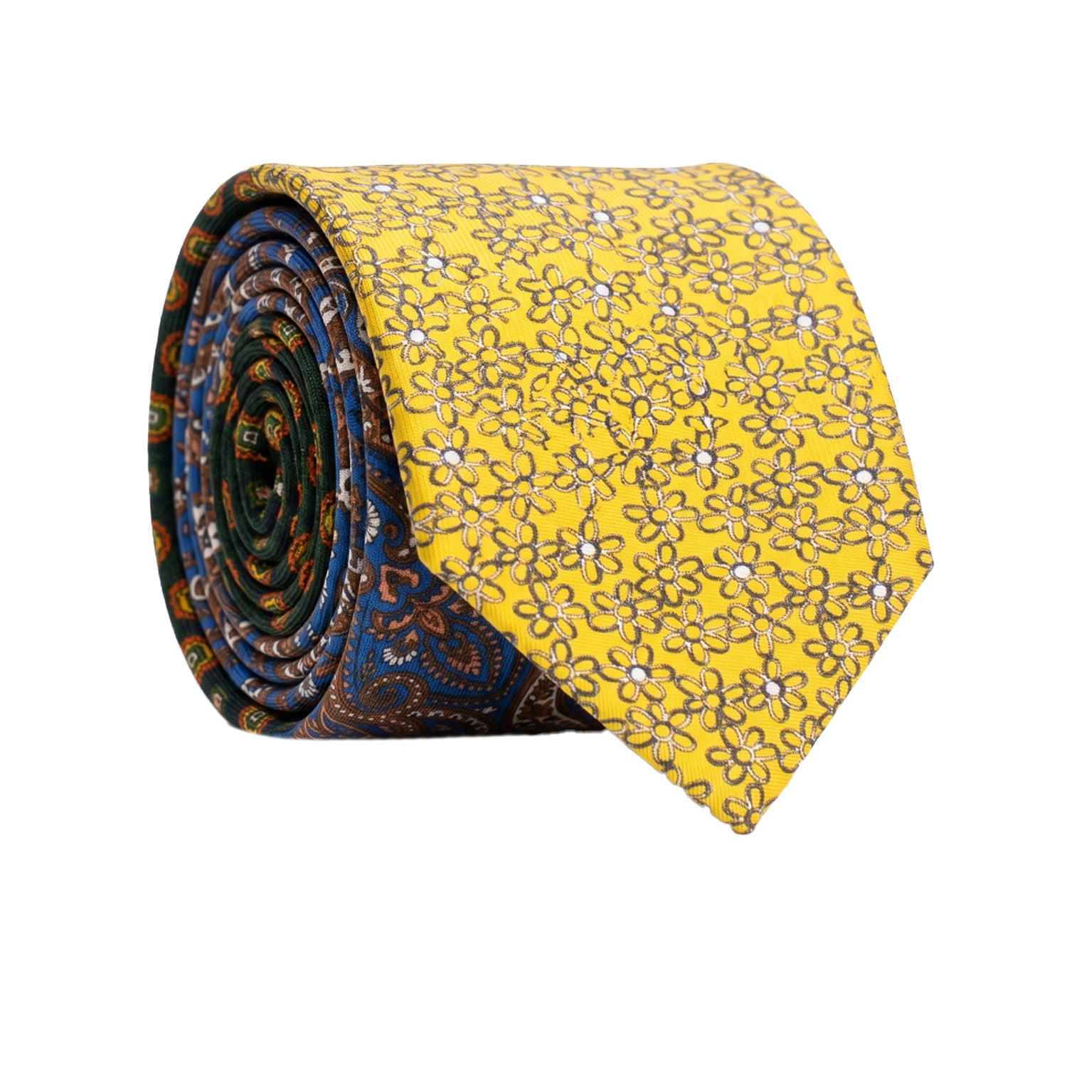Cravatta Stampa di Seta Gialla a Fiori Blu Bianchi Nodo in Contrasto Blu Fantasia Multicolor N3278 Made in Italy Graffeo Cravatte Rotolo