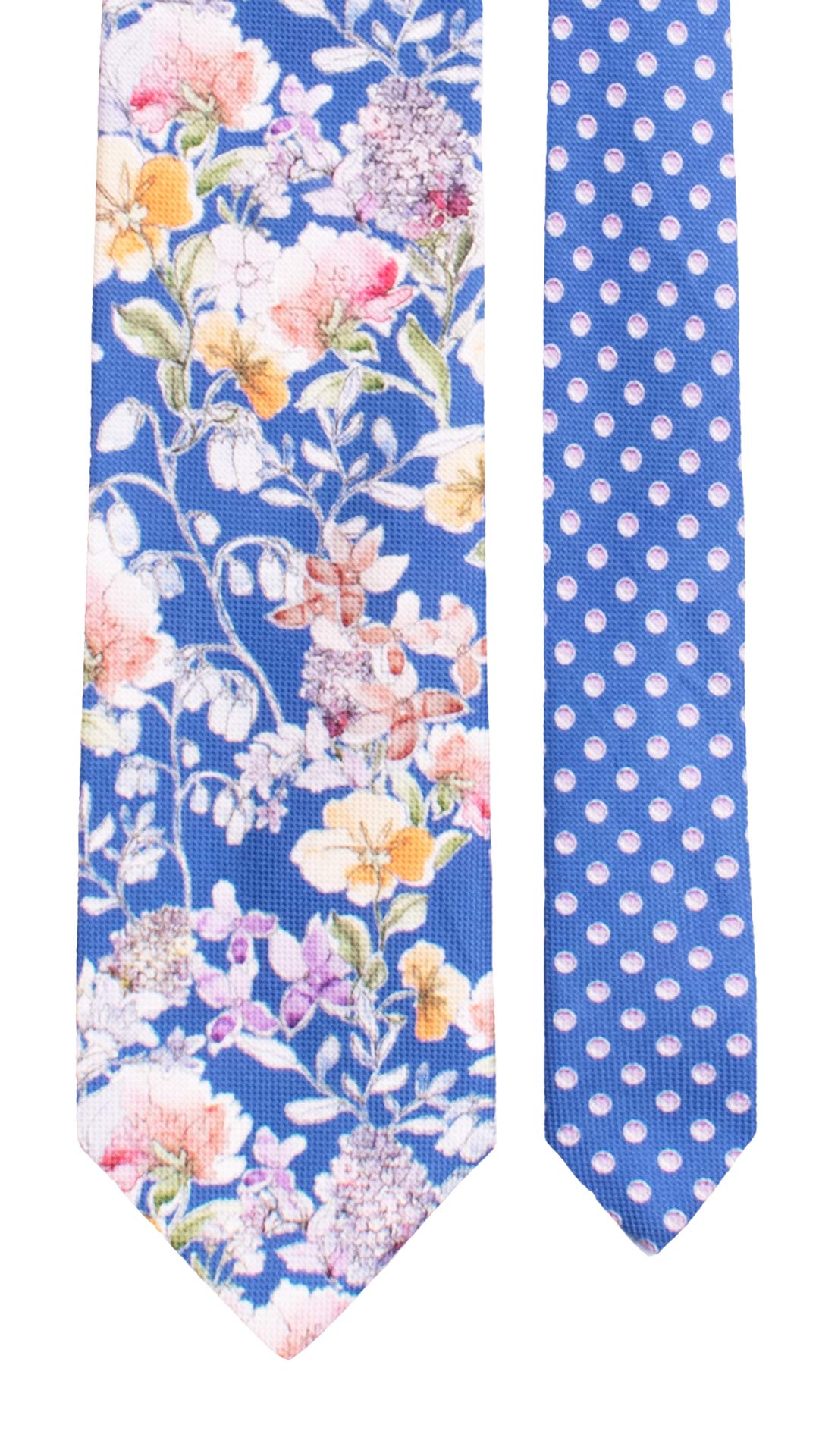 Cravatta Stampa di Seta Indaco a Fiori Multicolor Pala Piccola in Contrasto Indaco Fantasia Bianco Lilla AN7761  Made in Italy Graffeo Cravatte Pala