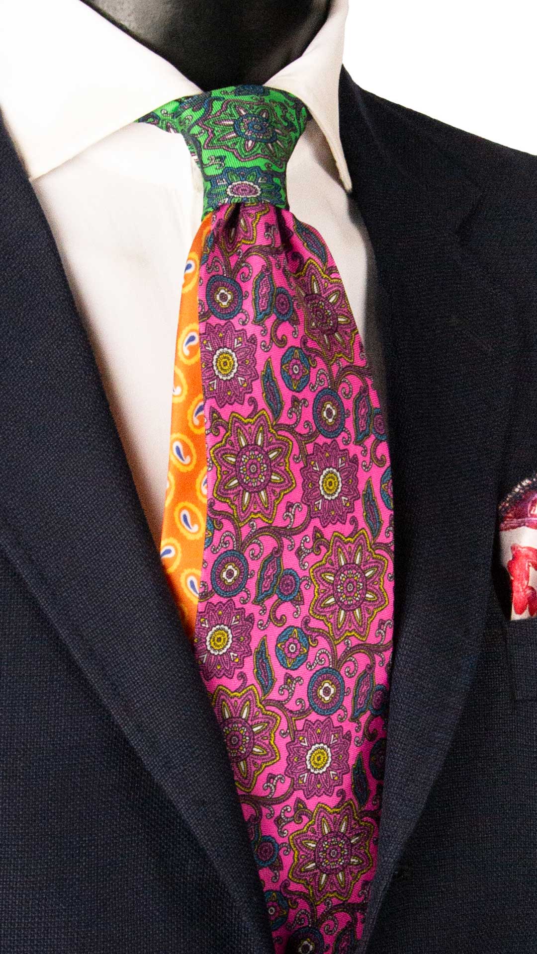  Cravatta Stampa di Seta Magenta Paisley Multicolor Nodo in Contrasto Verde Fluo Paisley Multicolor N3328 Graffeo Cravatte Made in Italy