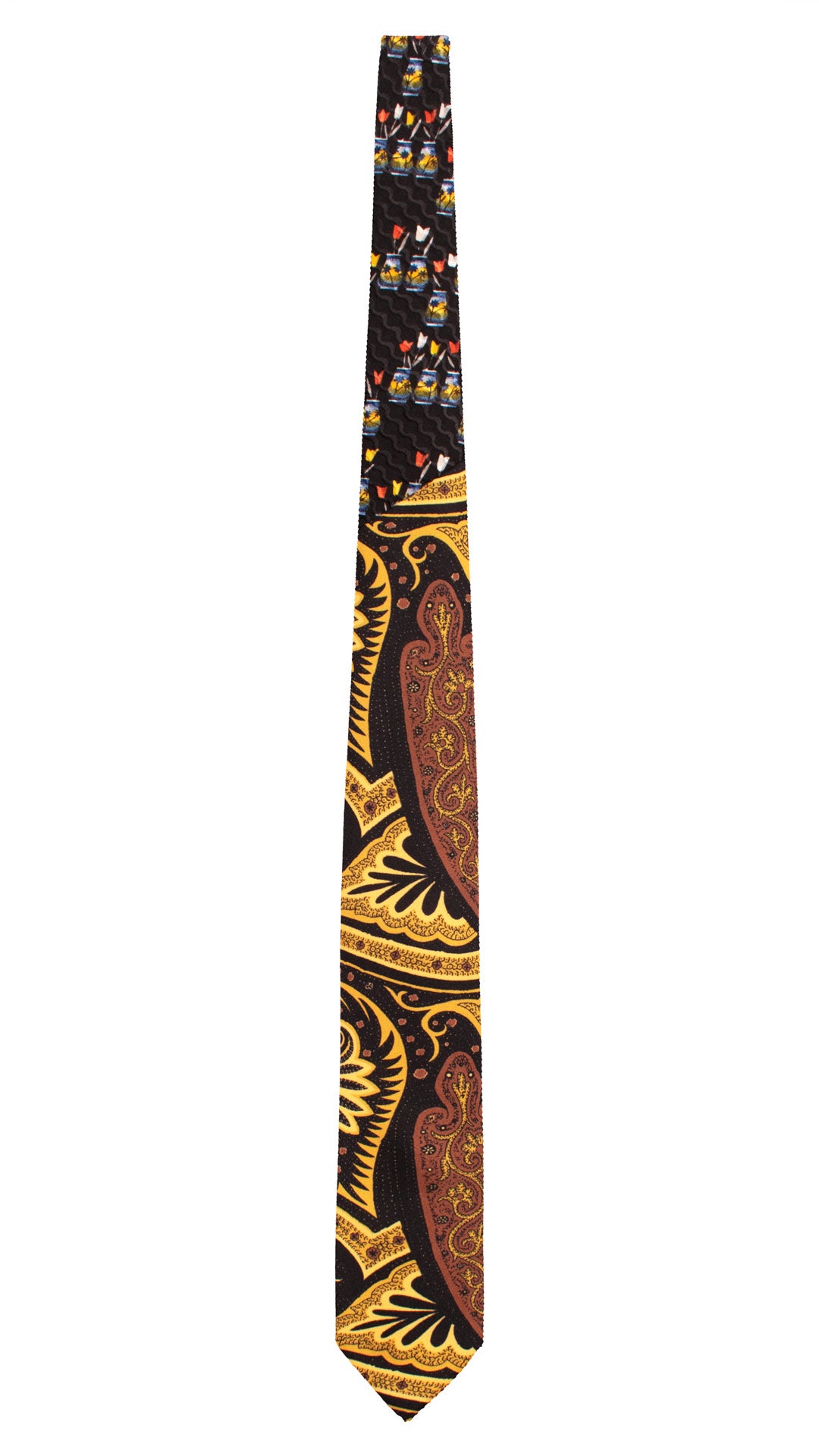 Cravatta Stampa di Seta Nera Paisley Marrone Giallo Nodo in Contrasto Nero Fantasia Multicolor N3293 Made in Italy Graffeo Cravatte Intera