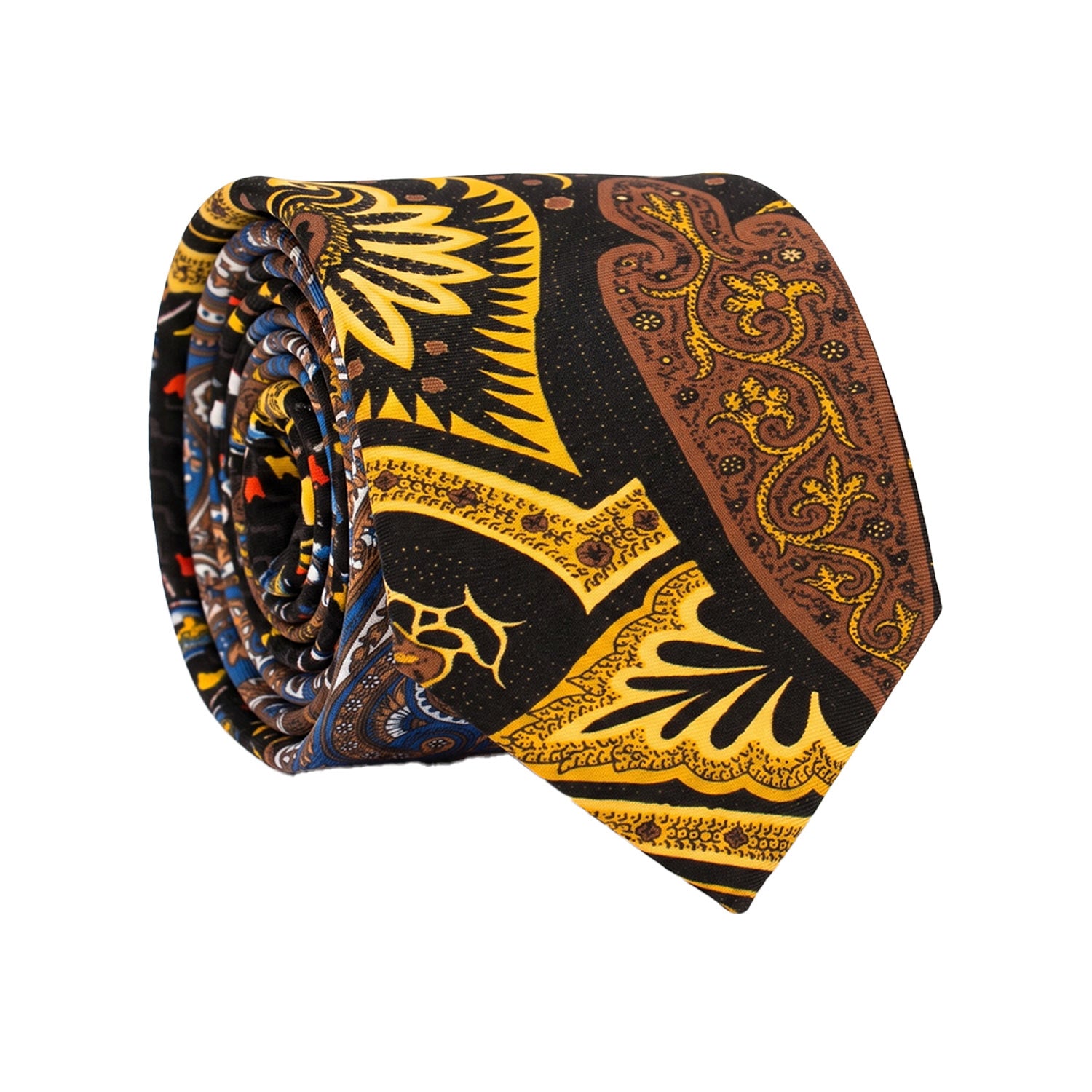 Cravatta Stampa di Seta Nera Paisley Marrone Giallo Nodo in Contrasto Nero Fantasia Multicolor N3293 Made in Italy Graffeo Cravatte Rotolo