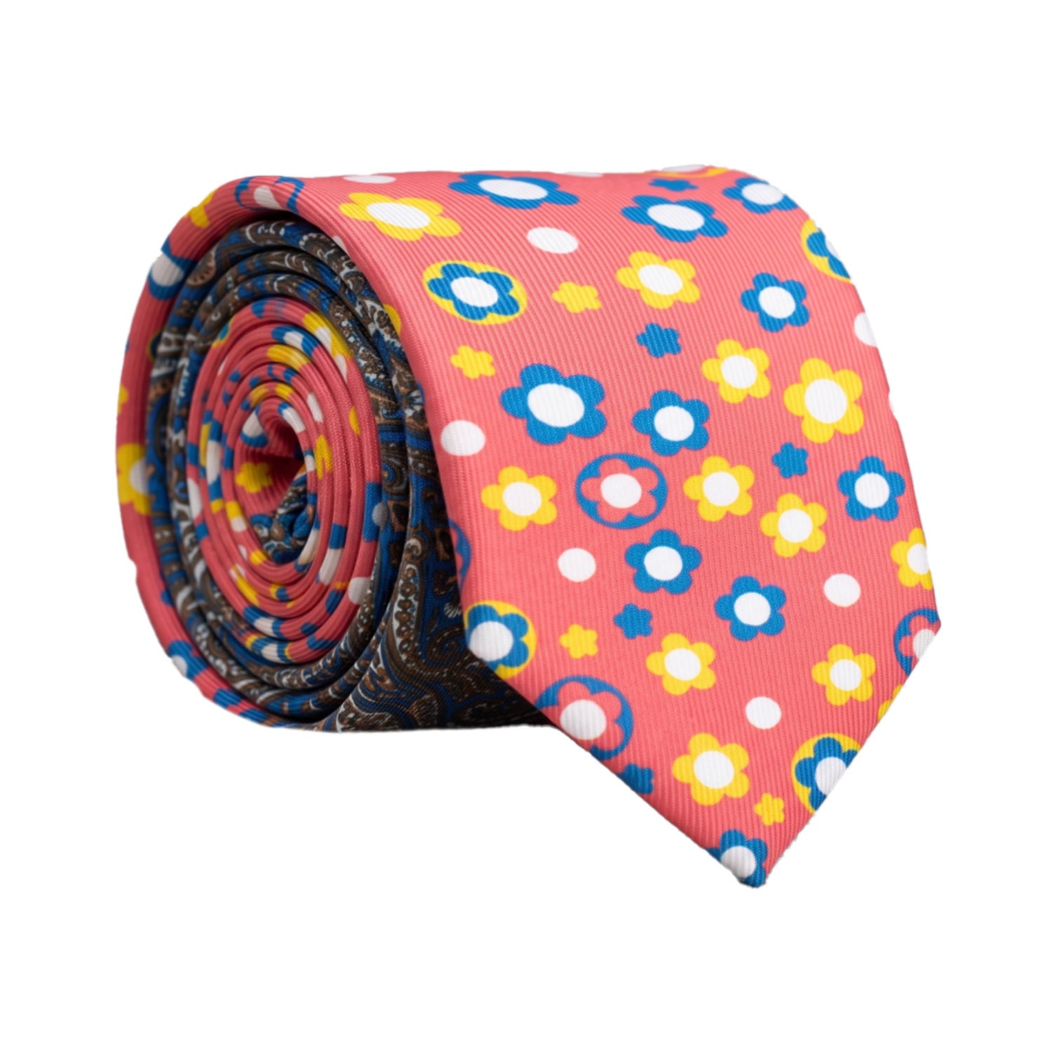 Cravatta Stampa di Seta Rosa Corallo a Fiori Multicolor Nodo in Contrasto Bianco a Fiori Multicolor N3264 Made in Italy Graffeo Cravatte Rotolo