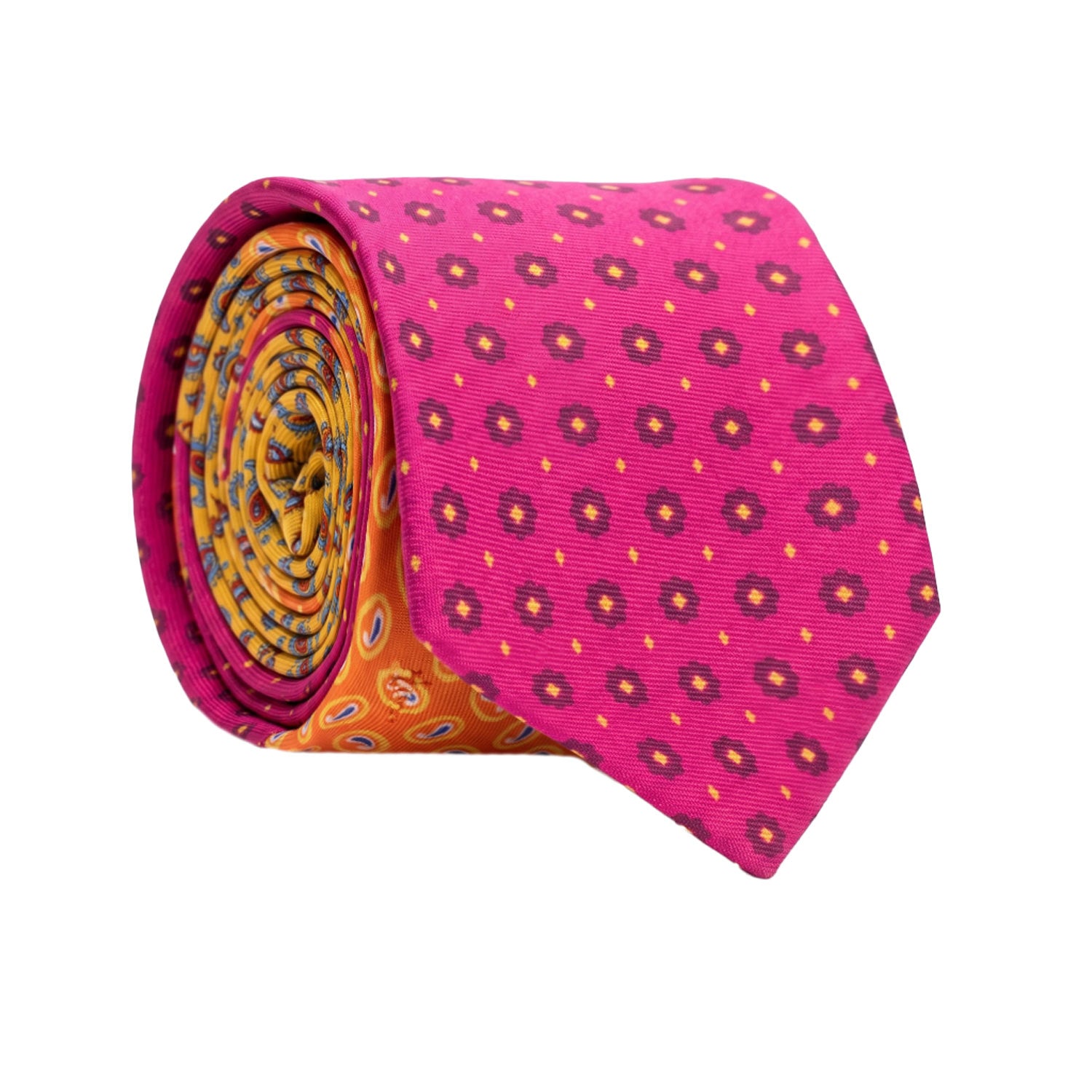 Cravatta Stampa di Seta Rosa Shocking Fantasia Viola Giallo Nodo in Contrasto Senape Paisley Multicolor N3270 Made in Italy Graffeo Cravatte Rotolo