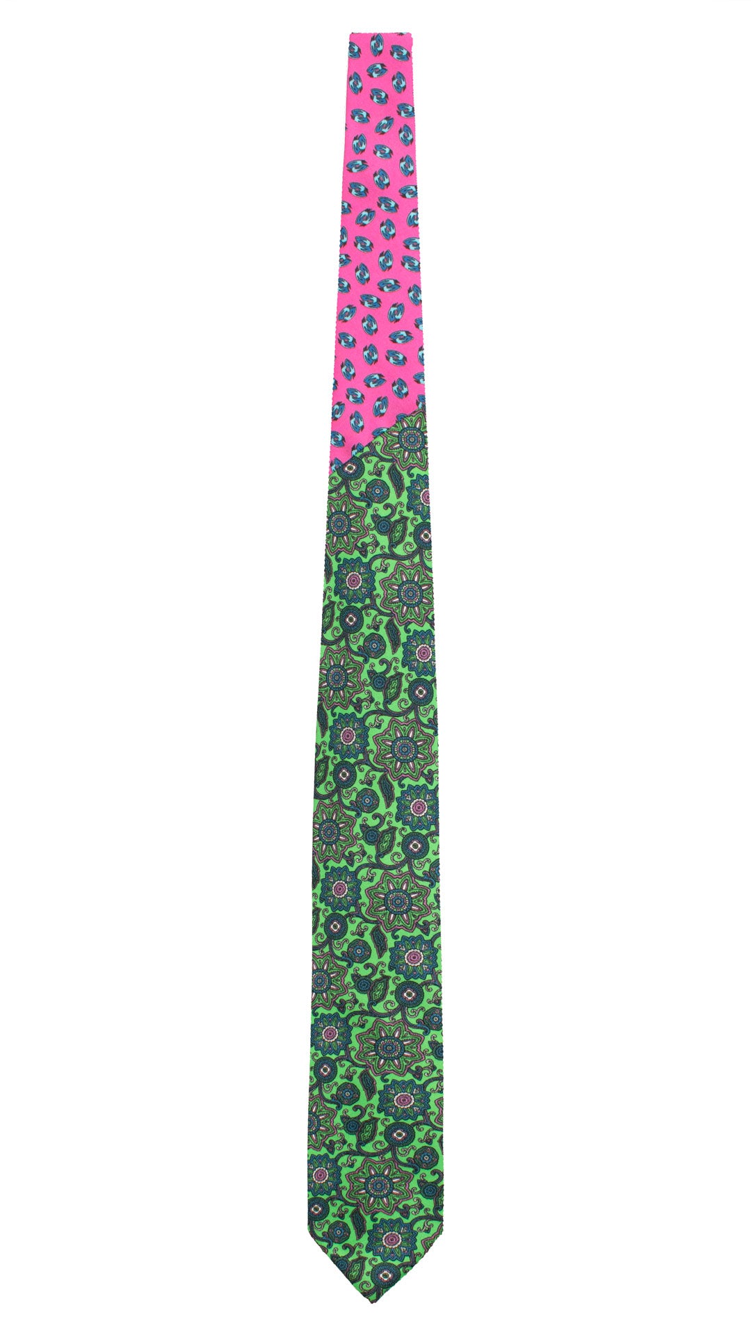 Cravatta Stampa di Seta Verde Fluo Paisley Multicolor Nodo in Contrasto Color Orchidea Fantasia Azzurro Celeste N3290 Made in Italy Graffeo Cravatte Intera