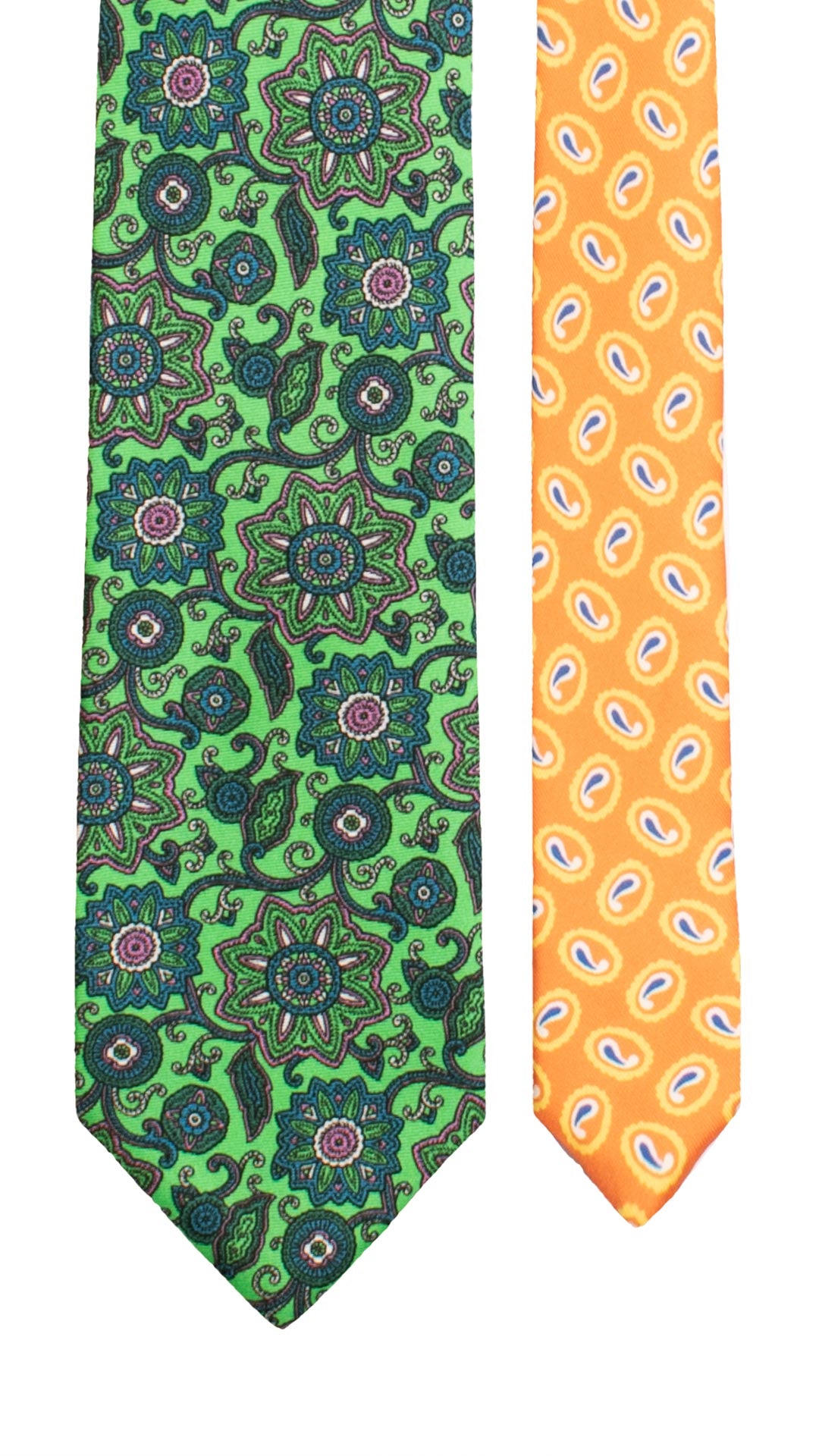 Cravatta Stampa di Seta Verde Fluo Paisley Multicolor Nodo in Contrasto Color Orchidea Fantasia Azzurro Celeste N3290 Made in Italy Graffeo Cravatte Pala
