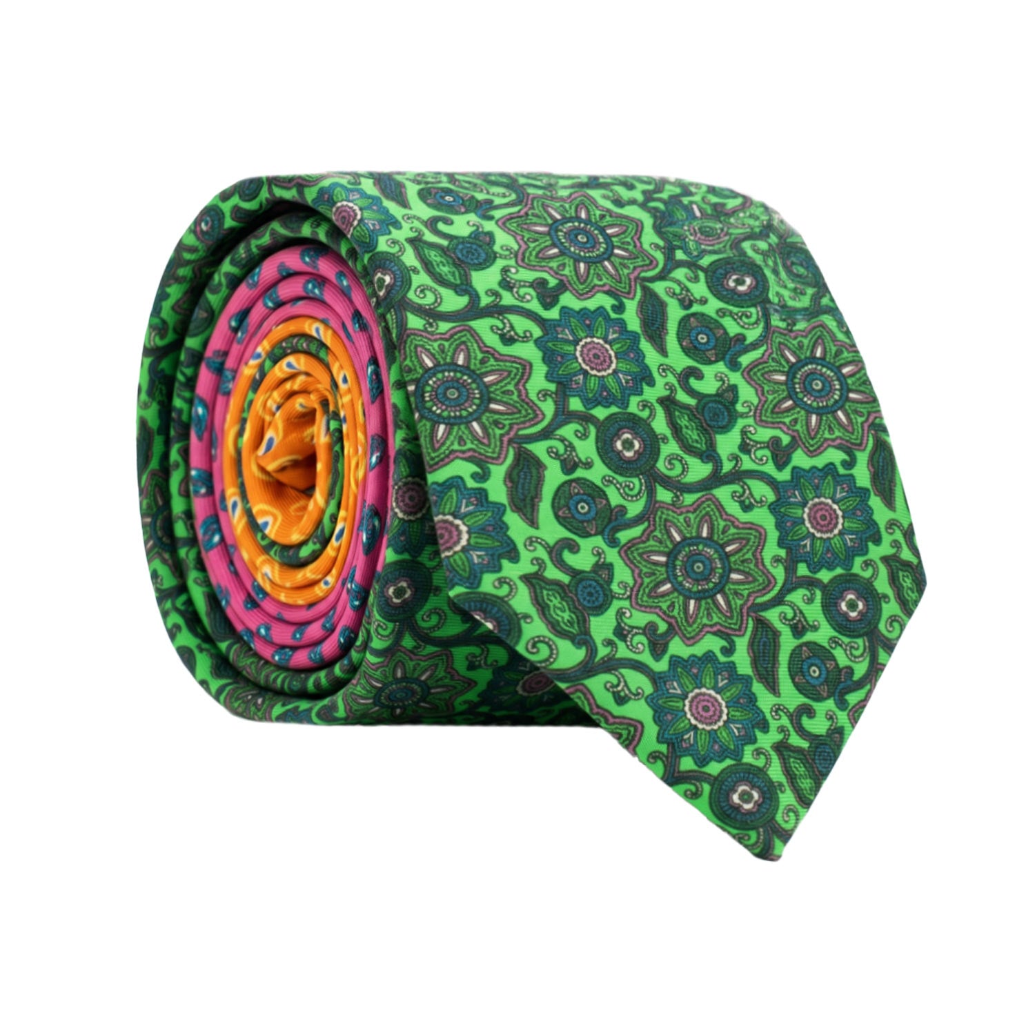 Cravatta Stampa di Seta Verde Fluo Paisley Multicolor Nodo in Contrasto Color Orchidea Fantasia Azzurro Celeste N3290 Made in Italy Graffeo Cravatte Rotolo