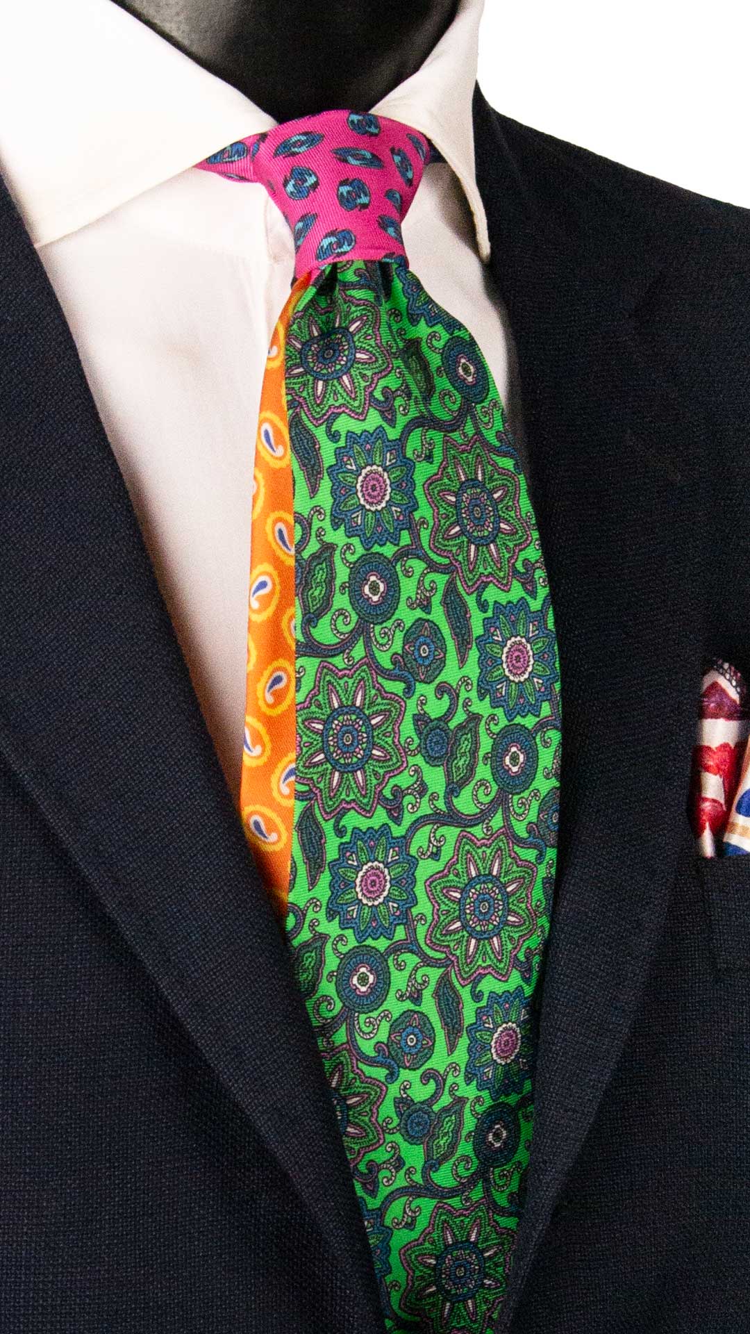 Cravatta Stampa di Seta Verde Fluo Paisley Multicolor Nodo in Contrasto Color Orchidea Fantasia Azzurro Celeste N3290 Made in Italy Graffeo Cravatte