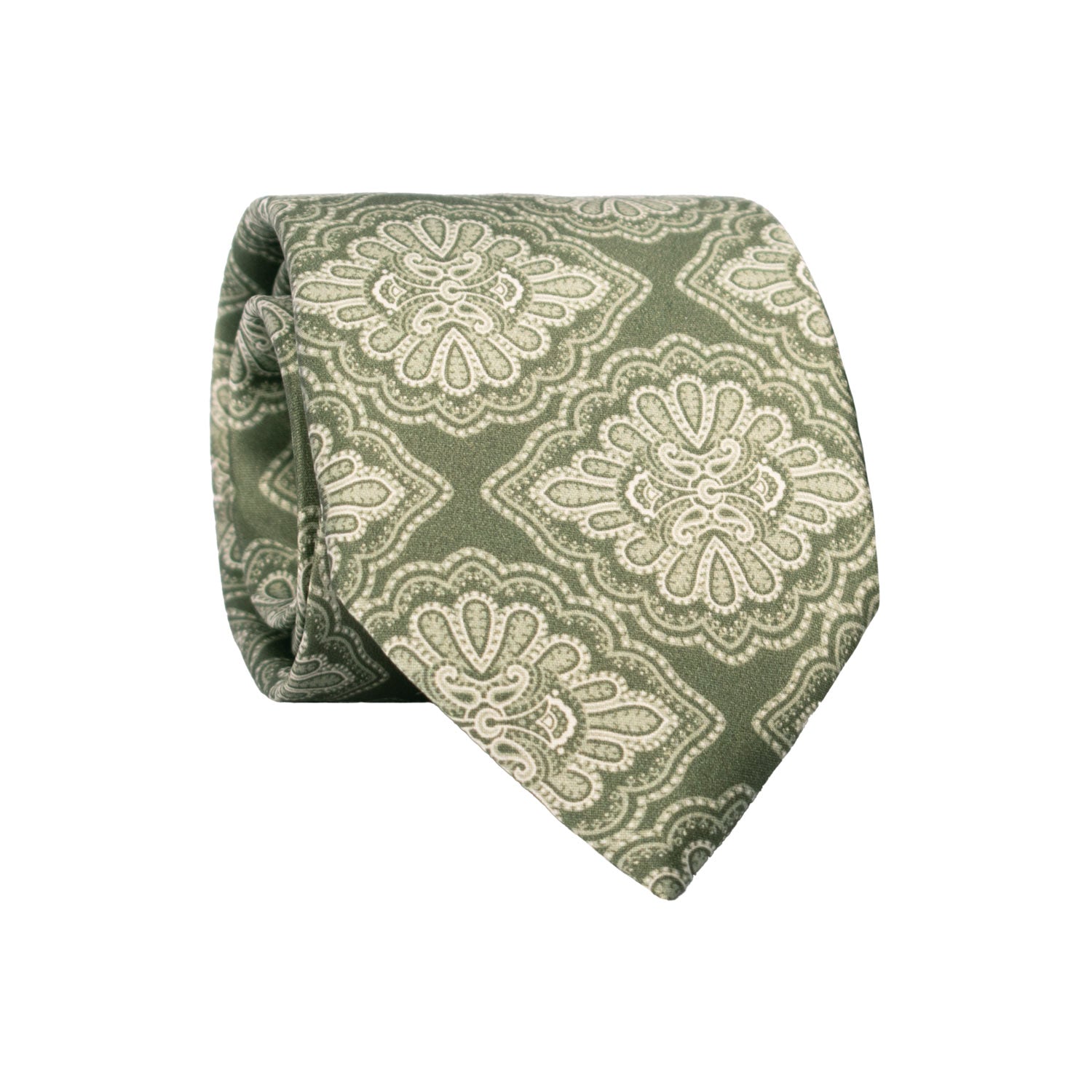 Cravatta Stampa di Seta Verde Oliva Fantasia Bianca AN7313 Made in Italy Graffeo Cravatte Rotolo