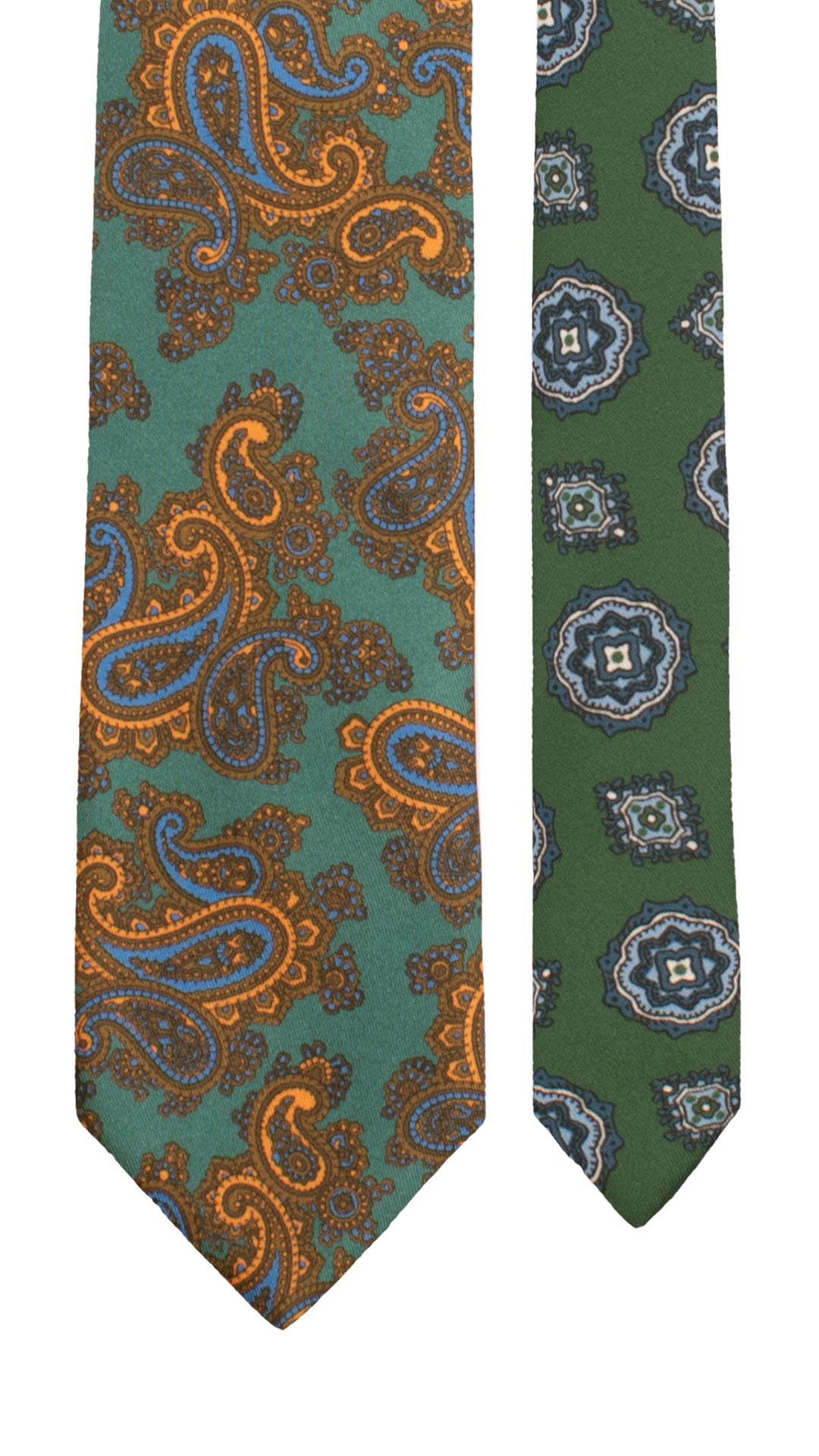 Cravatta Stampa di Seta Verde Paisley Multicolor Nodo in Contrasto Giallo Fantasia Marrone Chiaro Giallo Crema N3275 Made in Italy Graffeo Cravatte Pala