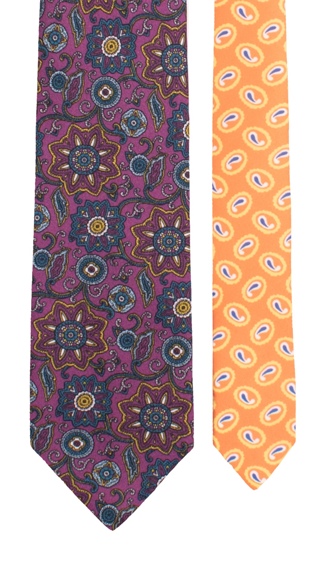 Cravatta Stampa di Seta Viola Paisley Multicolor Nodo in Contrasto Viola a Fiori Multicolor N3324 Graffeo Cravatte Made in Italy Pala
