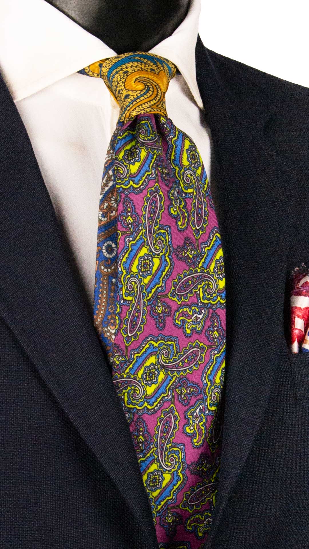 Cravatta Stampa di Seta Viola Paisley Multicolor Nodo in Contrato Fantasia Avio Giallo Senape N3291 Made in Italy Graffeo Cravatte 