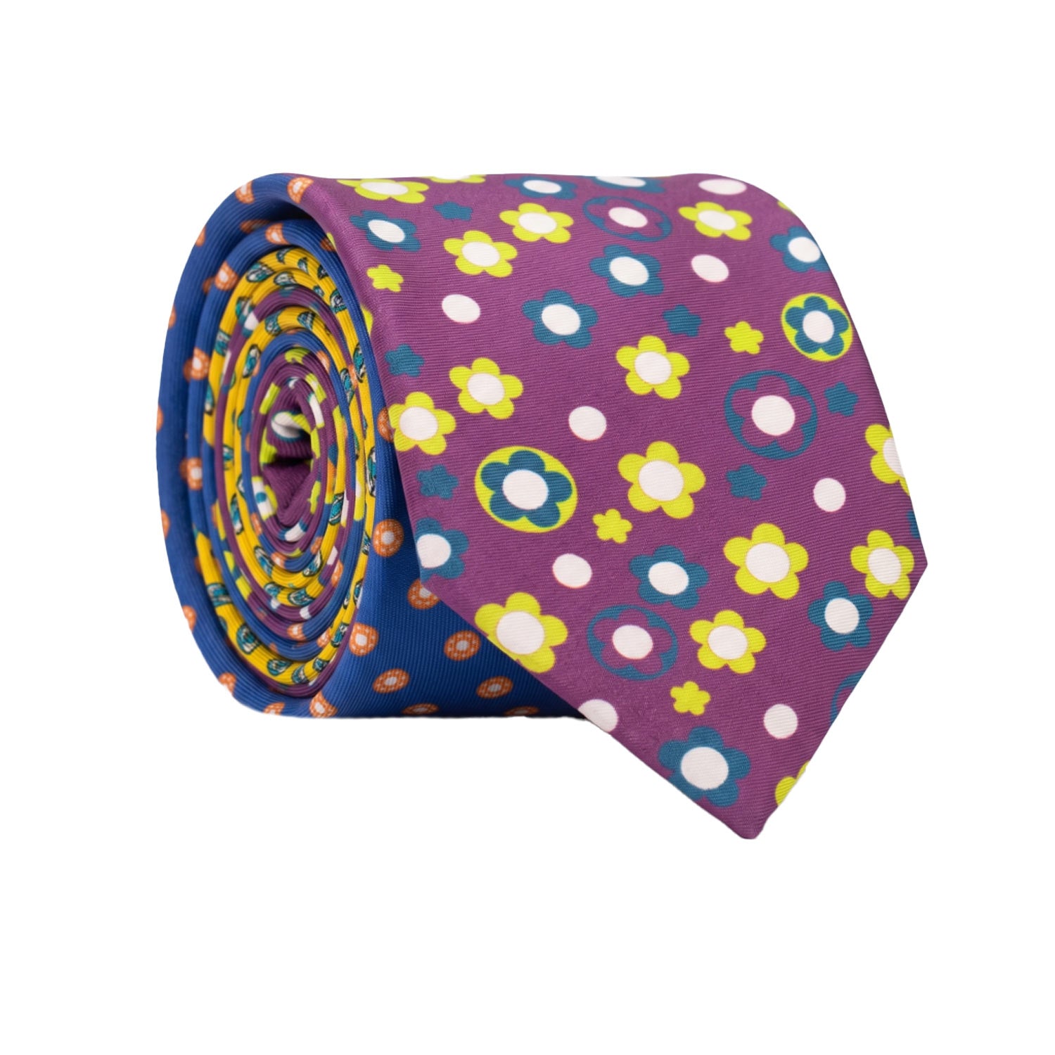 Cravatta Stampa di Seta Viola a Fiori Multicolor Nodo in Contrasto Giallo Fantasia Verde Acqua Bianco N3267 Made in Italy Graffeo Cravatte Rotolo