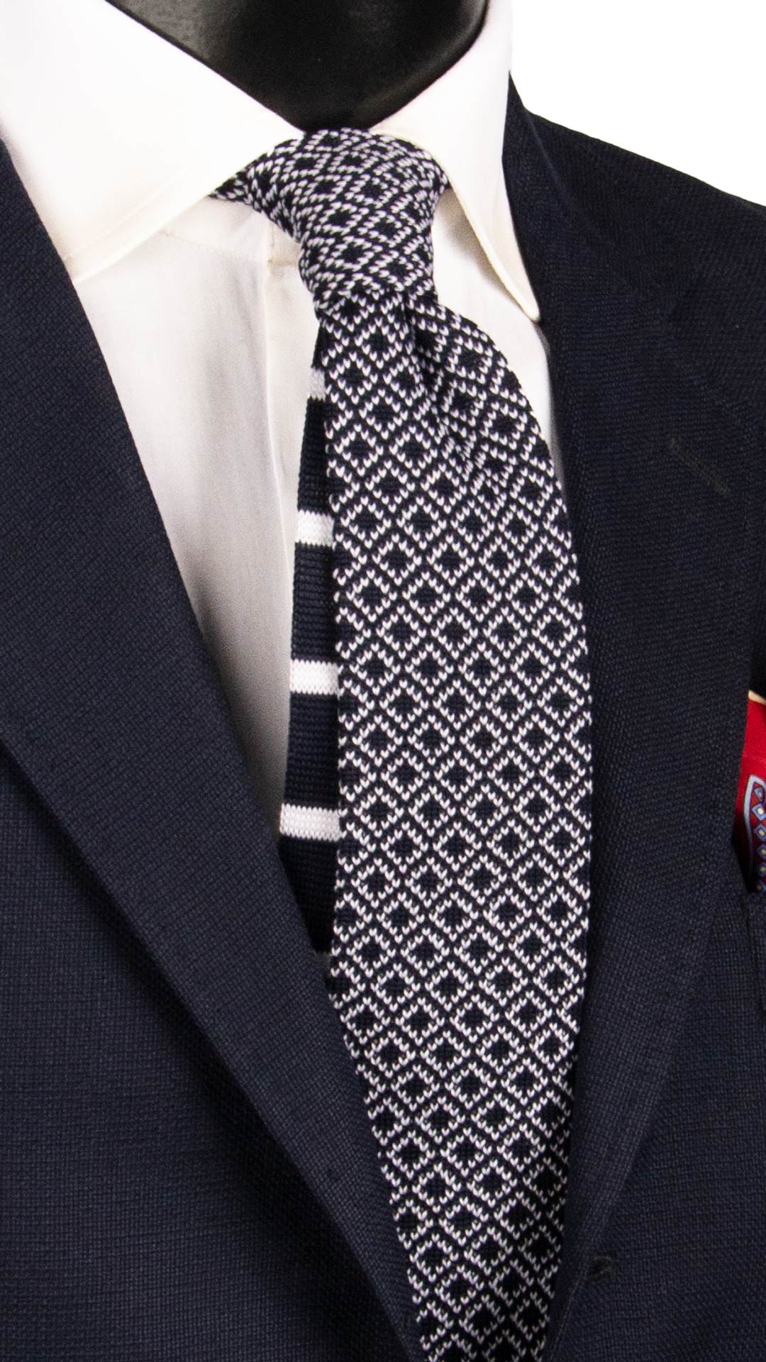 Cravatta Tricot in Maglia di Cotone Blu Fantasia Bianca Pala Piccola in Contrasto TRI763 Graffeo Cravatte Made in Italy