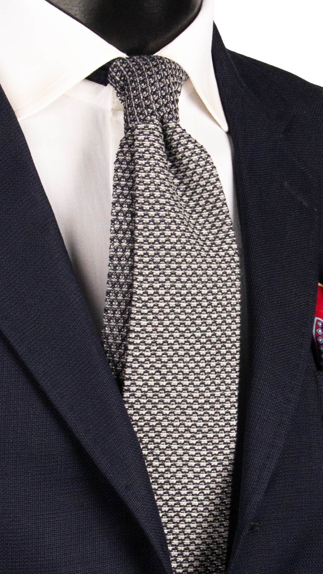 Cravatta Tricot in Maglia di Cotone Blu Grigia Bianca Fantasia TRI738 Graffeo Cravatte Made in Italy