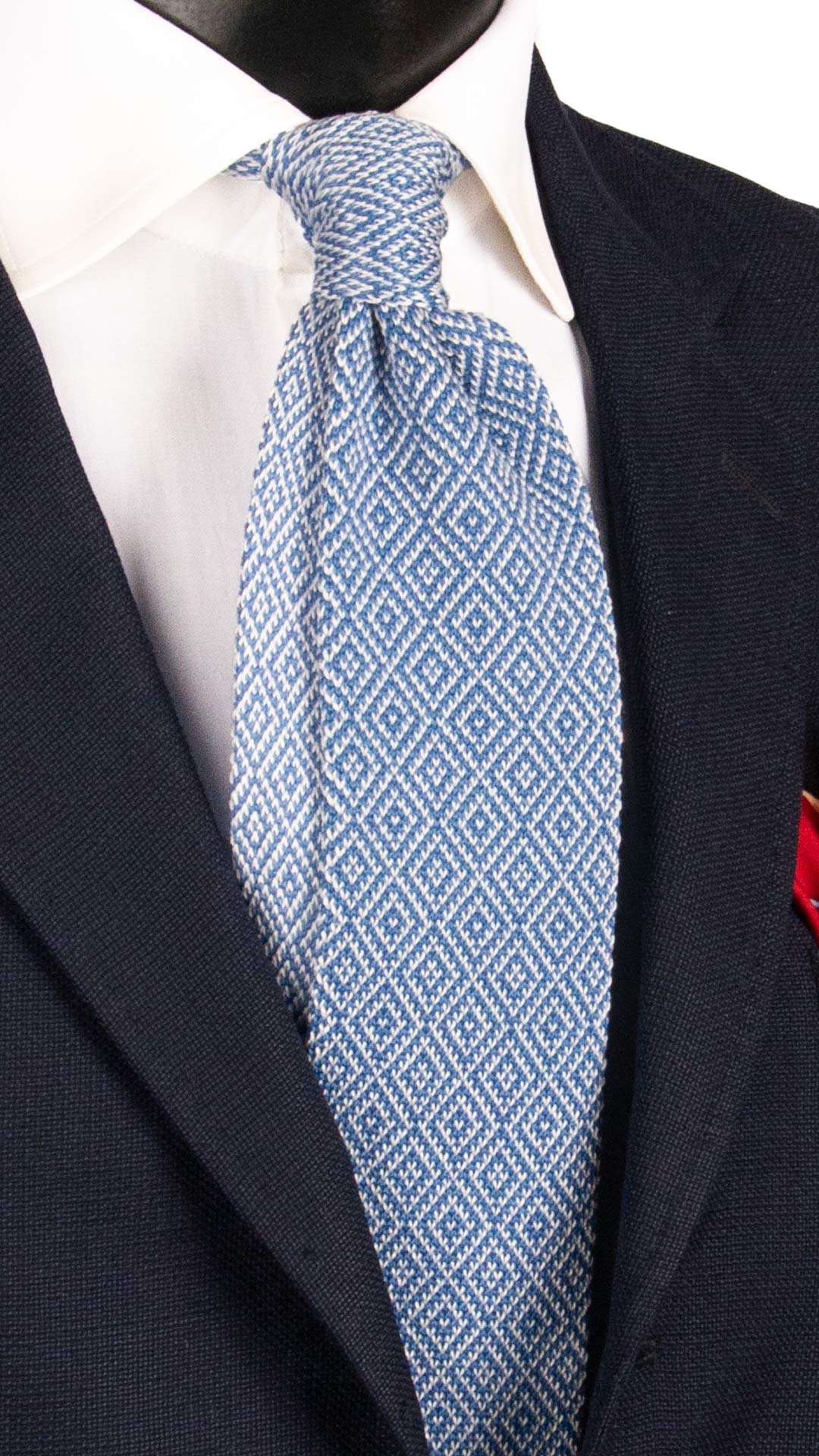 Cravatta Tricot in Maglia di Cotone Bluette Fantasia Bianca TRI648 Graffeo Cravatte Made in Italy