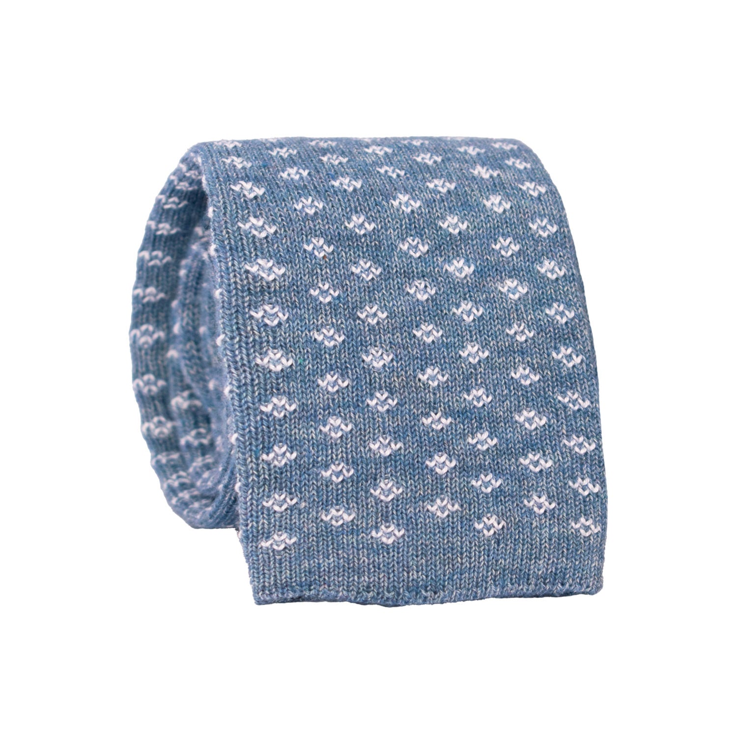 Cravatta Tricot in Maglia di Cotone Celeste Chiaro Fantasia Bianca TRI841 Graffeo Cravatte Made in Italy Rotolo