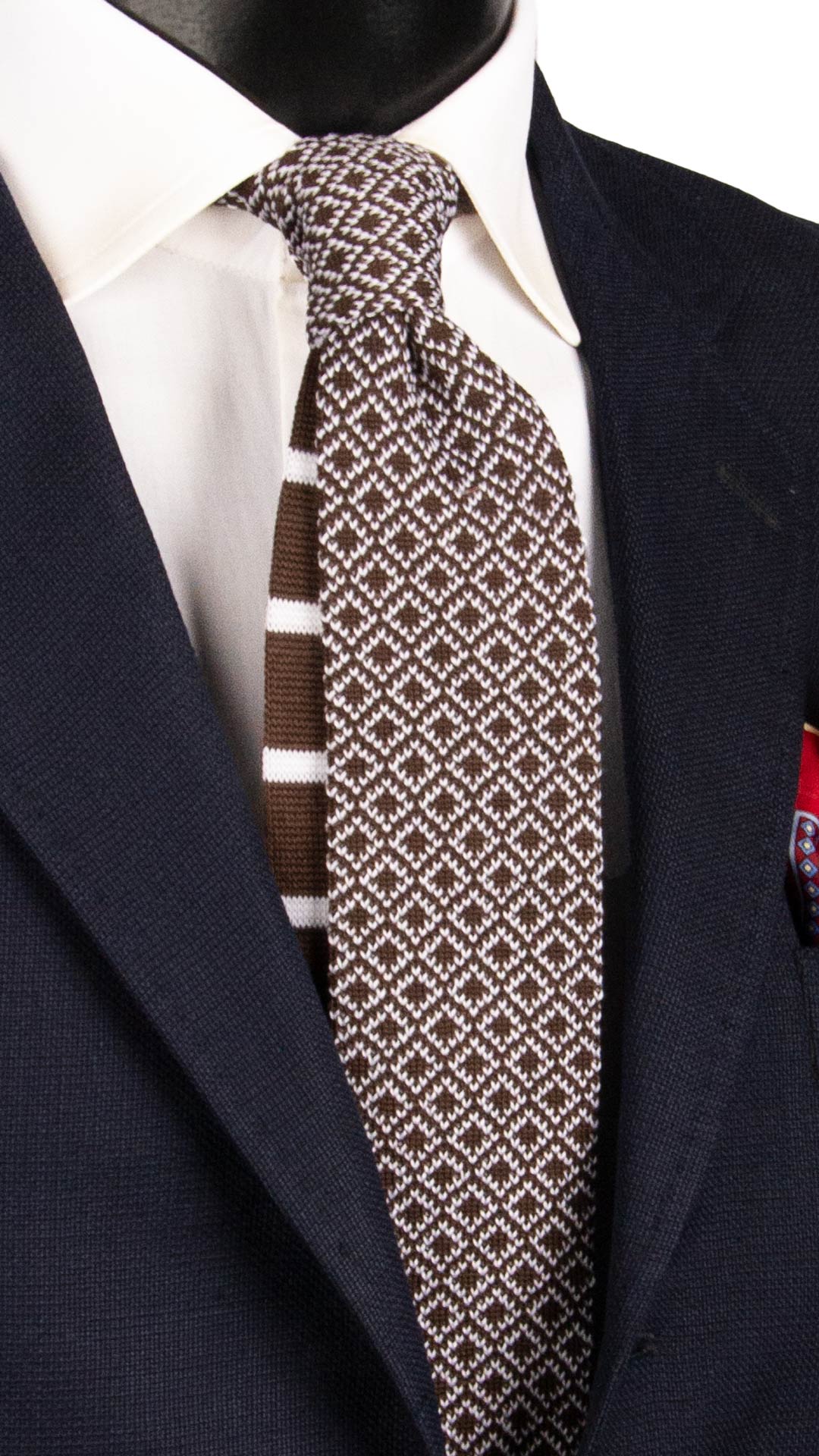 Man Brown Knitted Cotton Tie White Pattern Small Contrast Tail TRI735