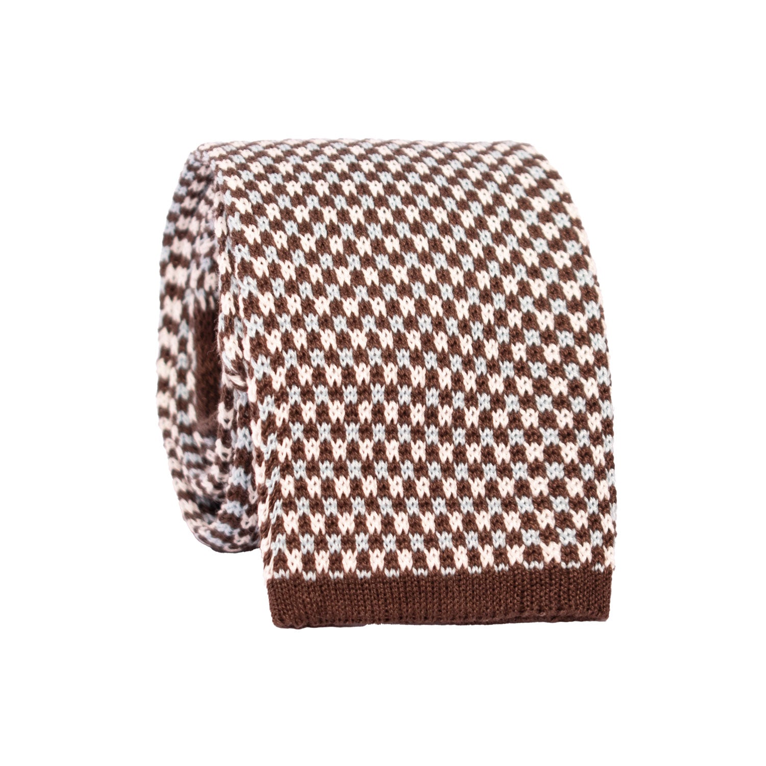 Cravatta Tricot in Maglia di Cotone Marrone Fantasia Celeste Bianca TRI727 Graffeo Cravatte Made in Italy Rotolo