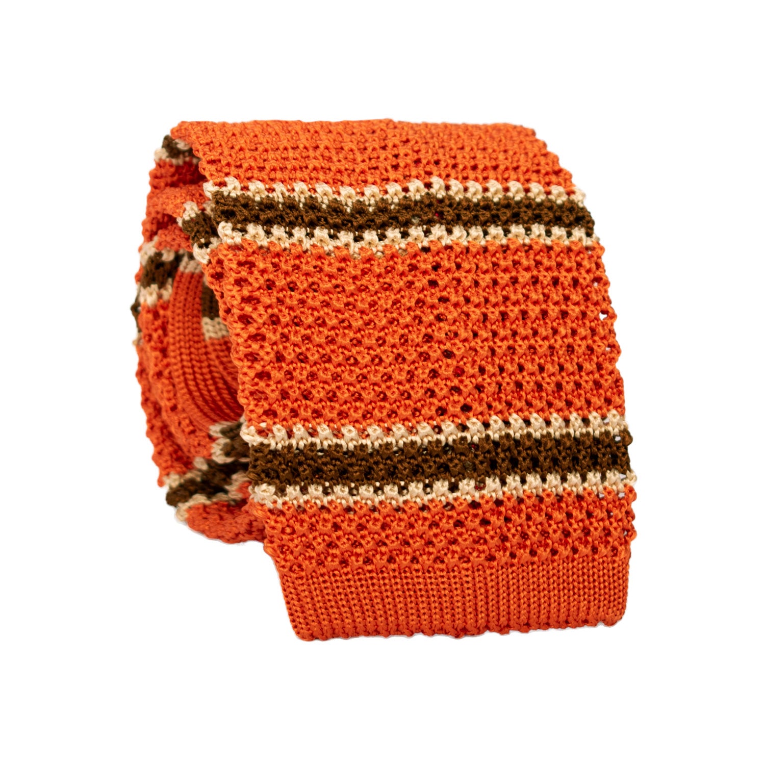 Cravatta Tricot in Maglia di Seta Arancione Righe Marroni Beige TRI625 Graffeo Cravatte Made in Italy Rotolo