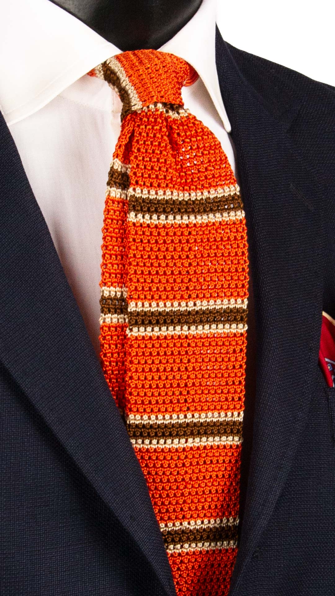 Cravatta Tricot in Maglia di Seta Arancione Righe Marroni Beige TRI625 Graffeo Cravatte Made in Italy