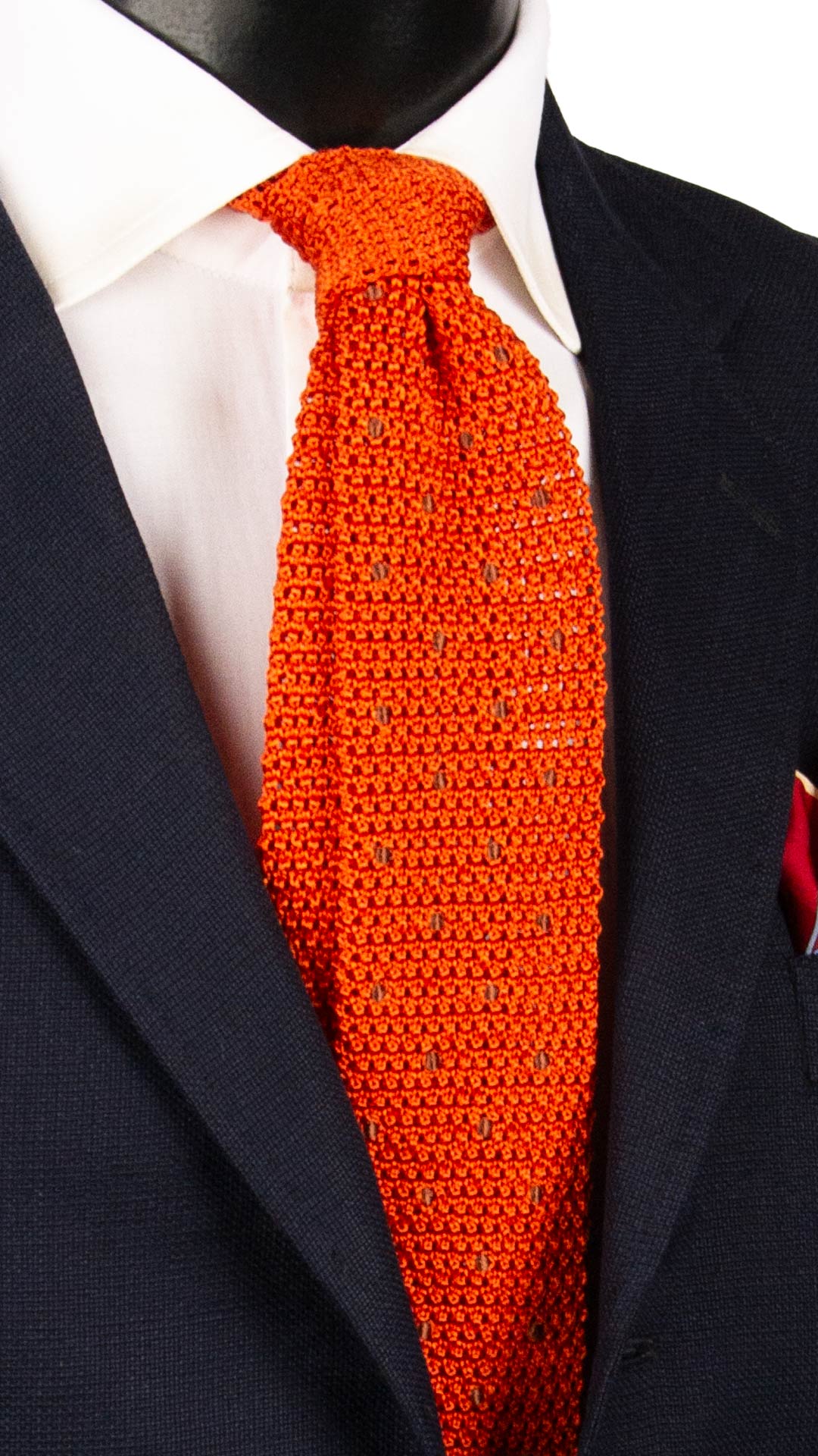 Cravatta Tricot in Maglia di Seta Arancione a Pois Marroni TRI871 Graffeo Cravatte Made in Italy