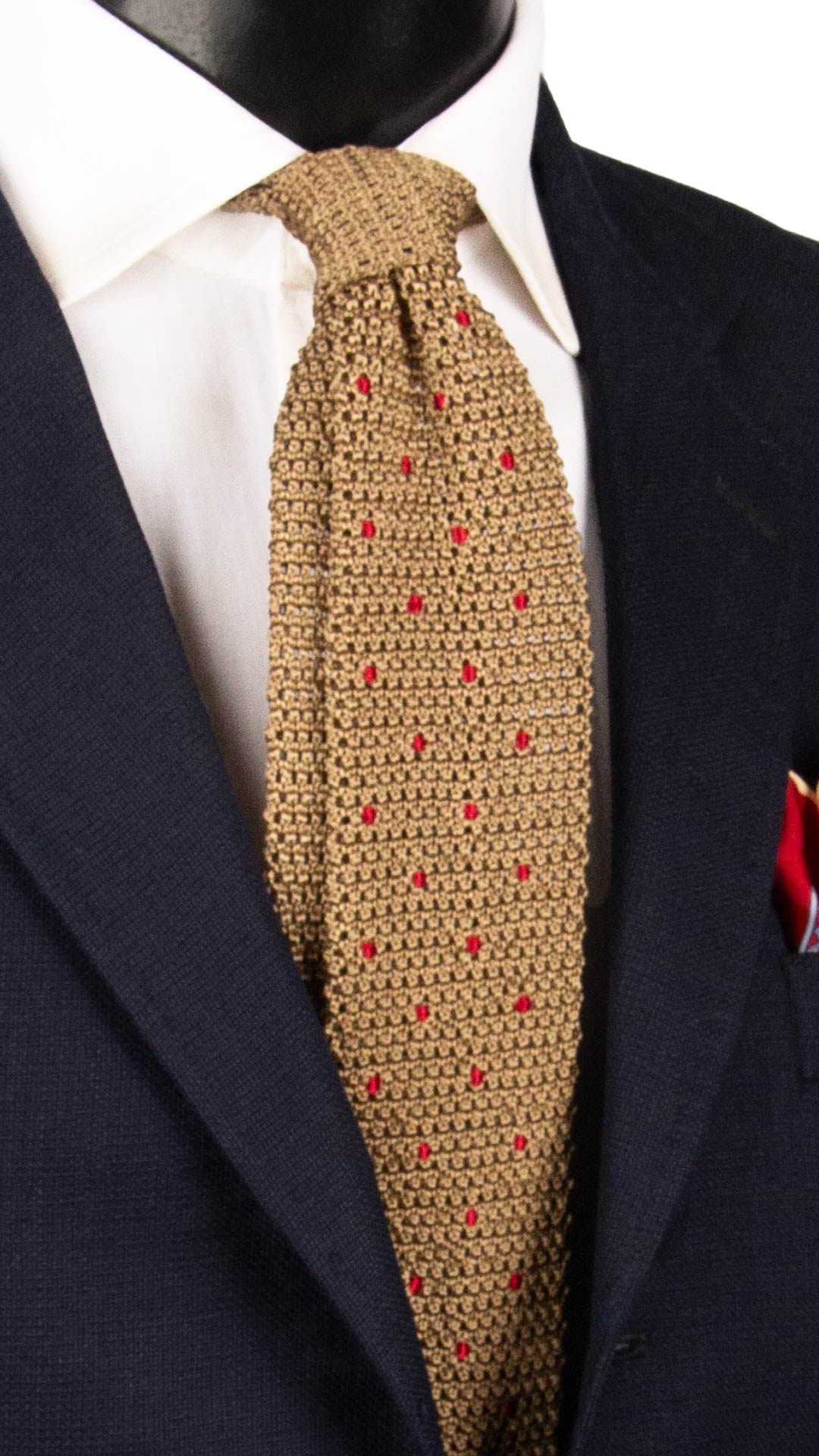 Cravatta Tricot in Maglia di Seta Beige a Pois Rossi TRI872 Graffeo Cravatte Made in Italy