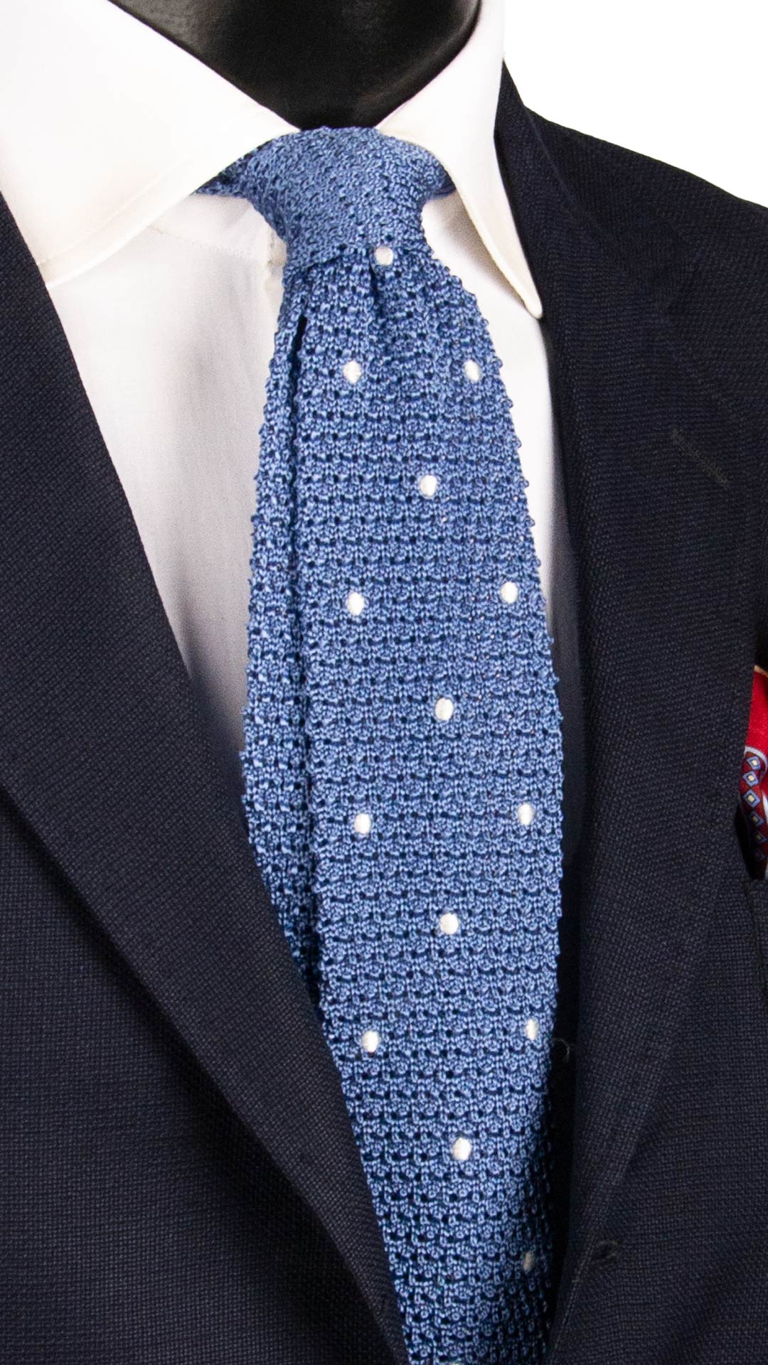 Cravatta Tricot in Maglia di Seta Blu Cobalto a Pois Bianchi TRI713 Graffeo Cravatte Made in Italy