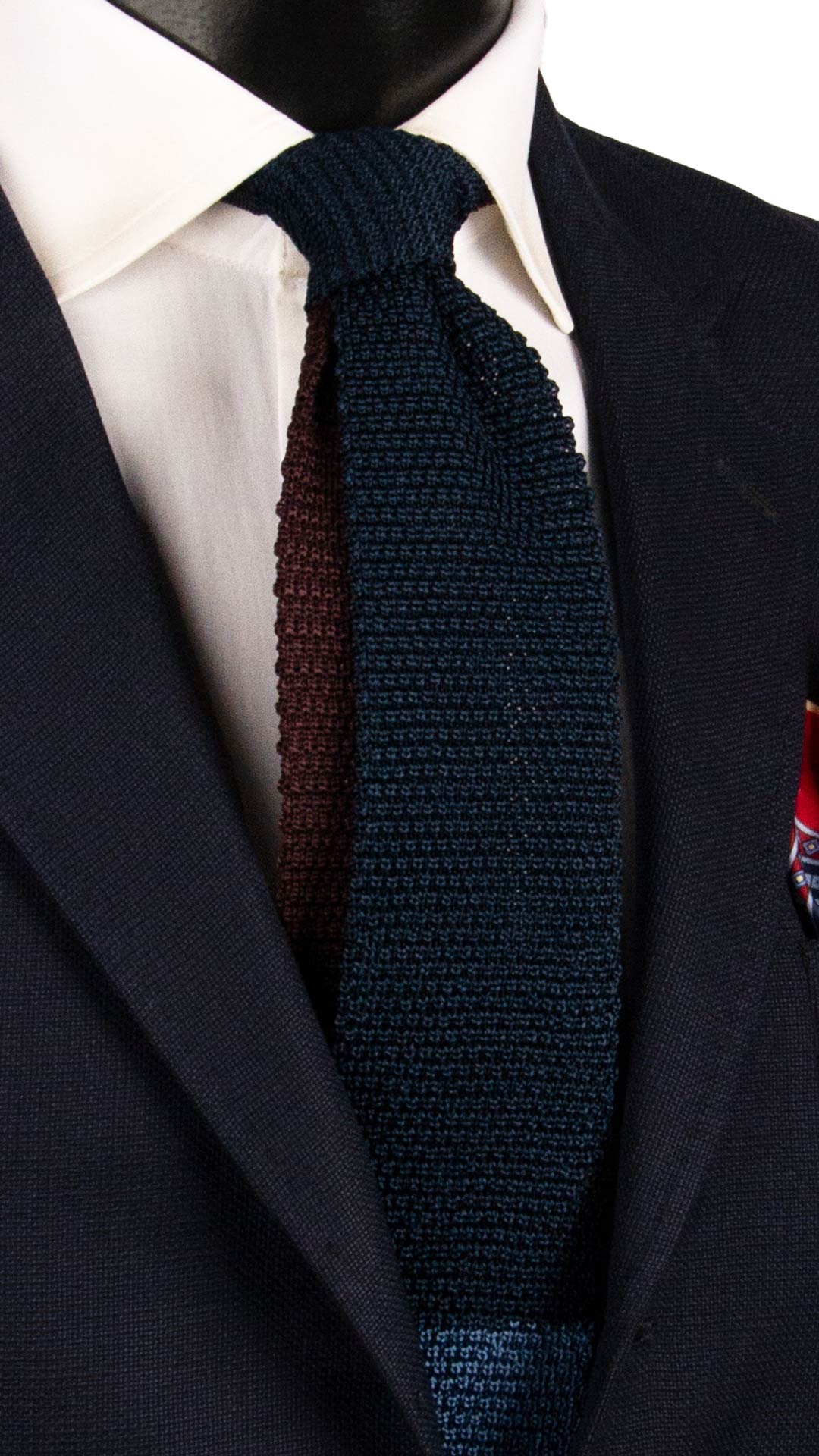 Cravatta Tricot in Maglia di Seta Blu Indaco Pala Piccola in Contrasto Marrone TRI698 Graffeo Cravatte Made in Italy