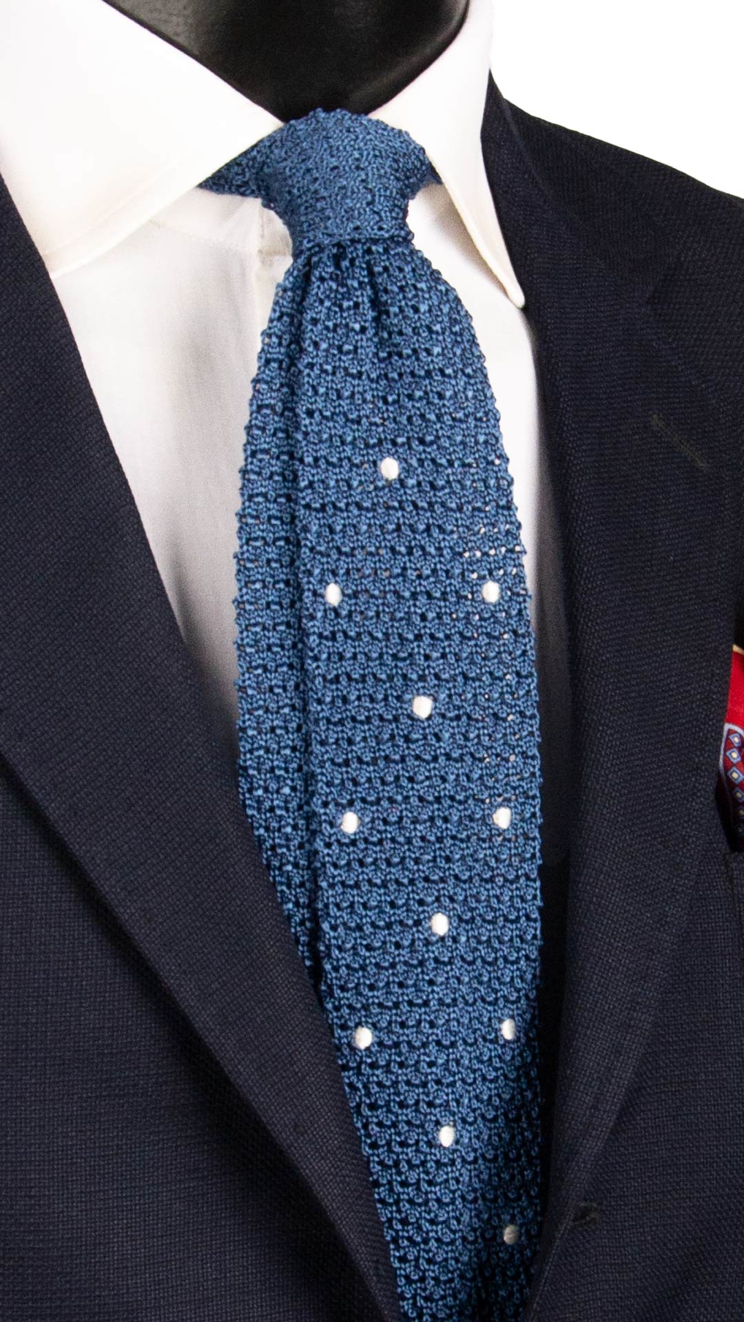 Cravatta Tricot in Maglia di Seta Blu Navy a Pois Bianchi TRI717 Graffeo Cravatte Made in Italy
