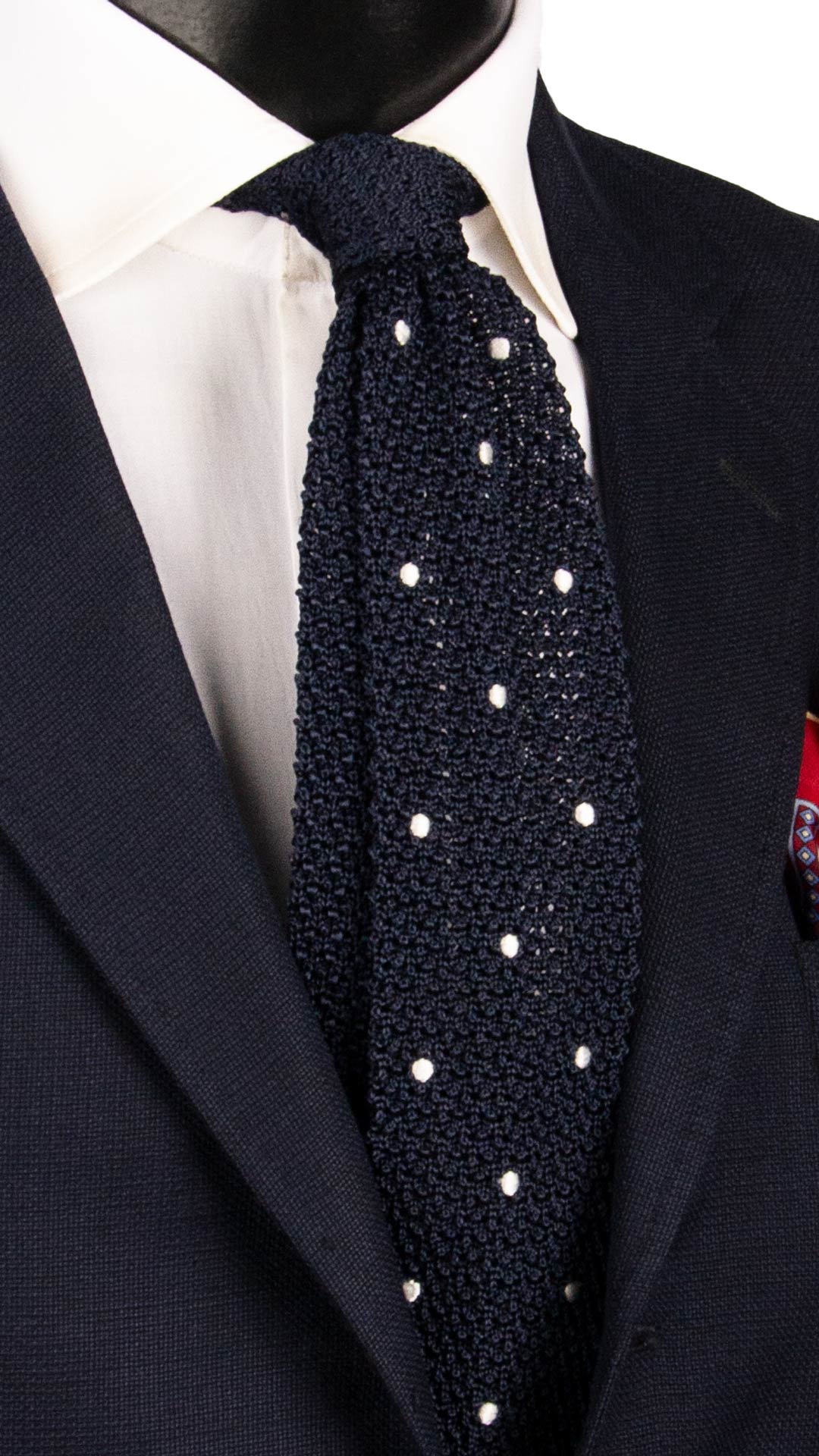 Cravatta Tricot in Maglia di Seta Blu a Pois Bianchi TRI716 Graffeo Cravatte Made in Italy