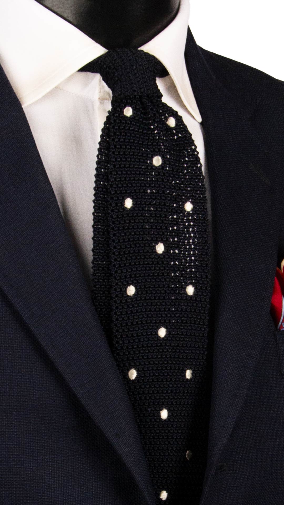 Cravatta Tricot in Maglia di Seta Blu a Pois Bianchi TRI874 Graffeo Cravatte Made in Italy