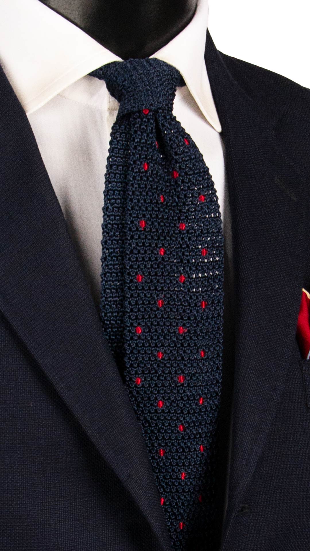 Cravatta Tricot in Maglia di Seta Blu a Pois Rossi TRI873 Graffeo Cravatte Made in Italy