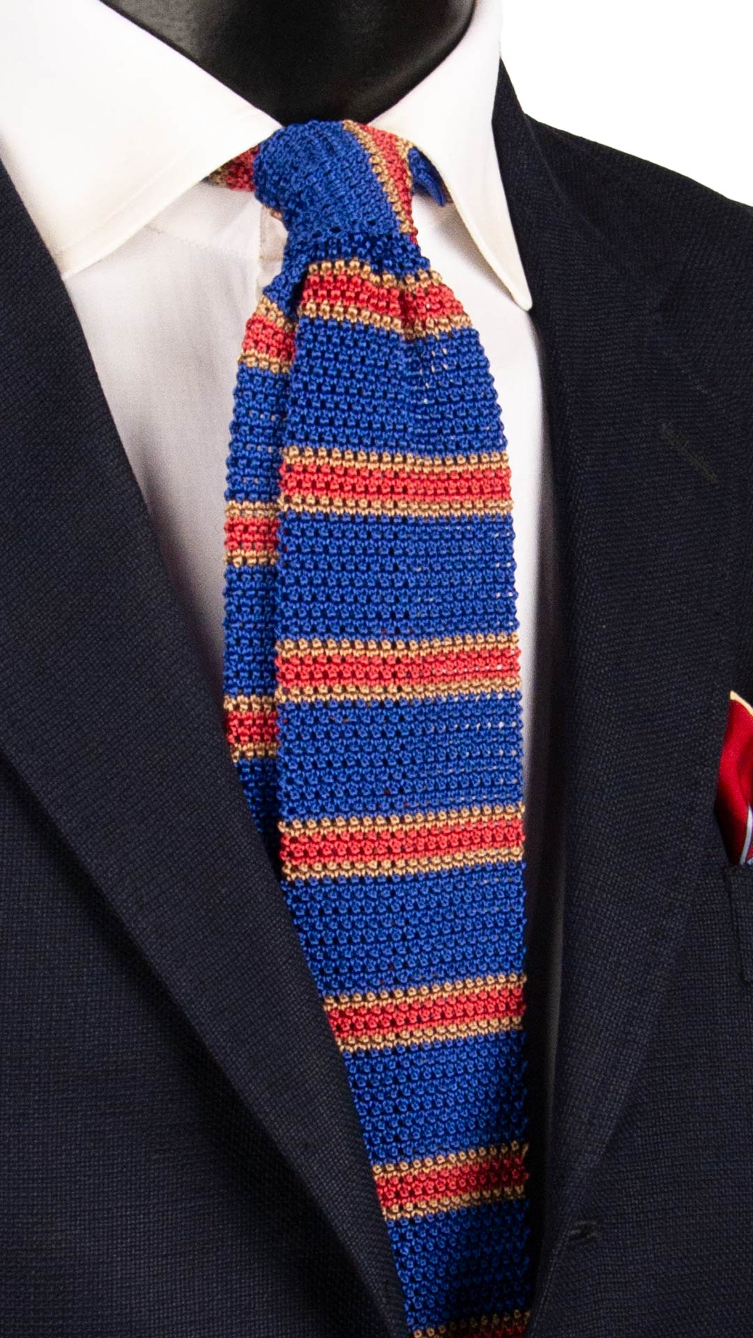 Cravatta Tricot in Maglia di Seta Bluette con Righe Arancione Beige TRI857 Graffeo Cravatte Made in Italy