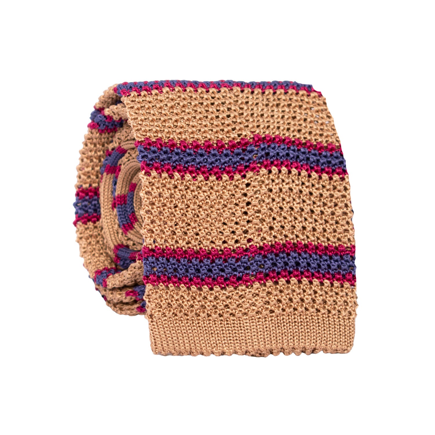 Cravatta Tricot in Maglia di Seta Color Cammello con Righe Fucsia Viola TRI862 Graffeo Cravatte Made in Italy Rotolo