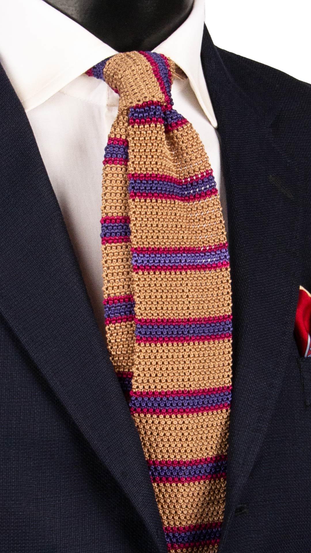 Cravatta Tricot in Maglia di Seta Color Cammello con Righe Fucsia Viola TRI862 Graffeo Cravatte Made in Italy
