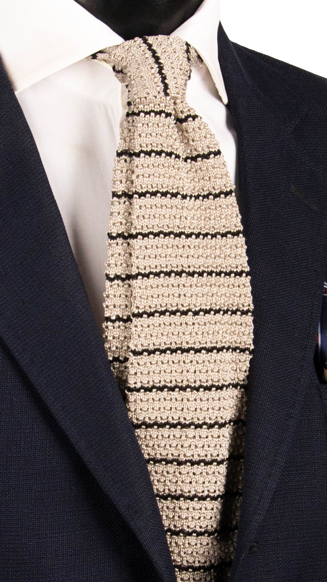 Cravatta Tricot in Maglia di Seta Grigio Argento con Righe Nere TRI969 Graffeo Cravatte Made in Italy