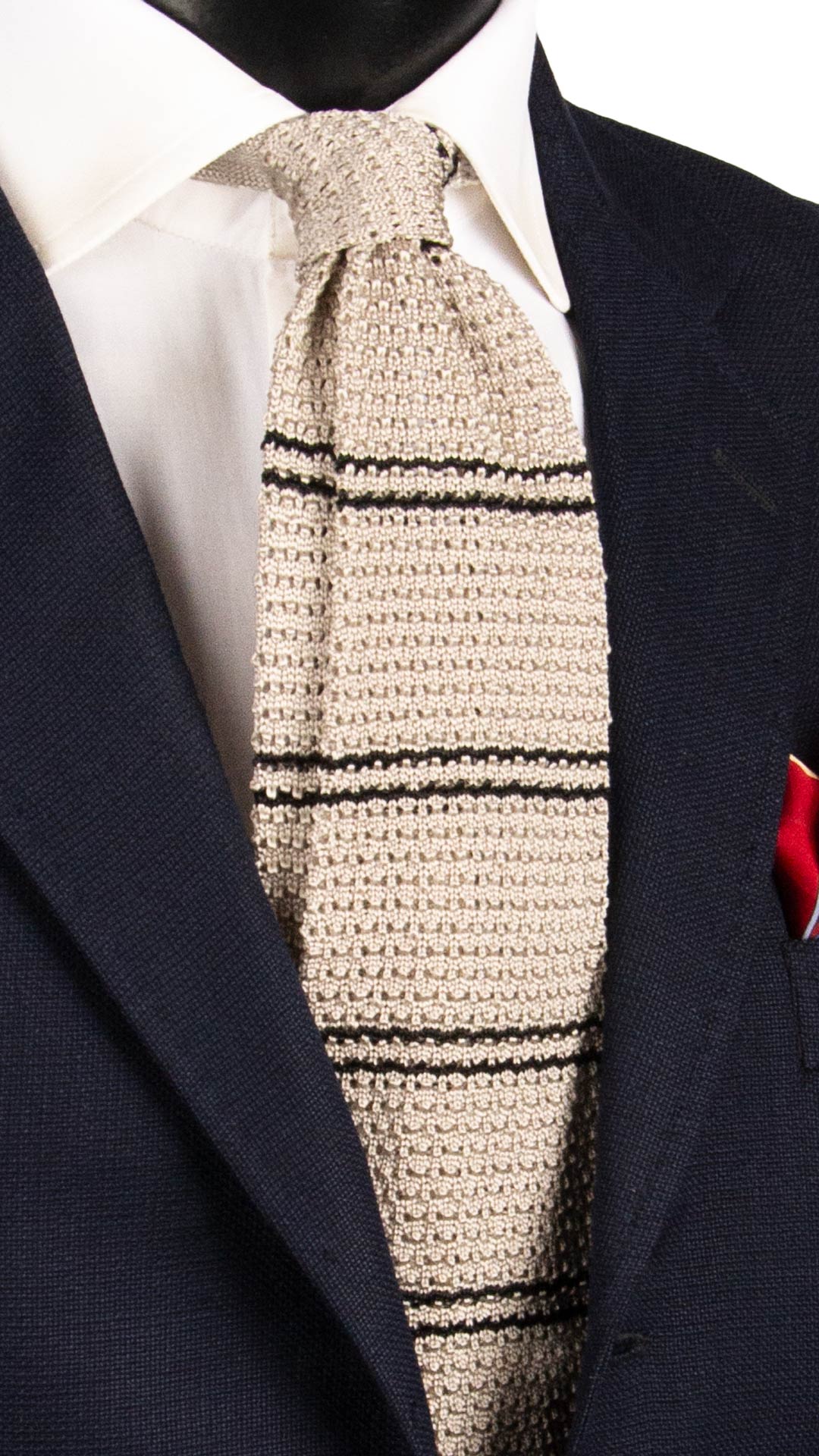 Man Pearl Grey Knitted Silk Tie Black Stripes TRI916