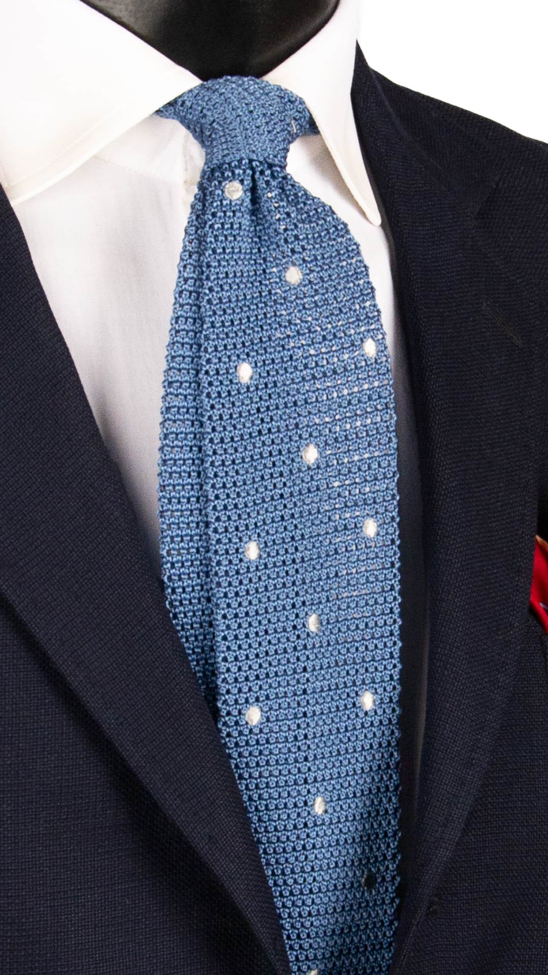 Cravatta Tricot in Maglia di Seta Indaco a Pois Bianchi TRI660 Graffeo Cravatte Made in Italy