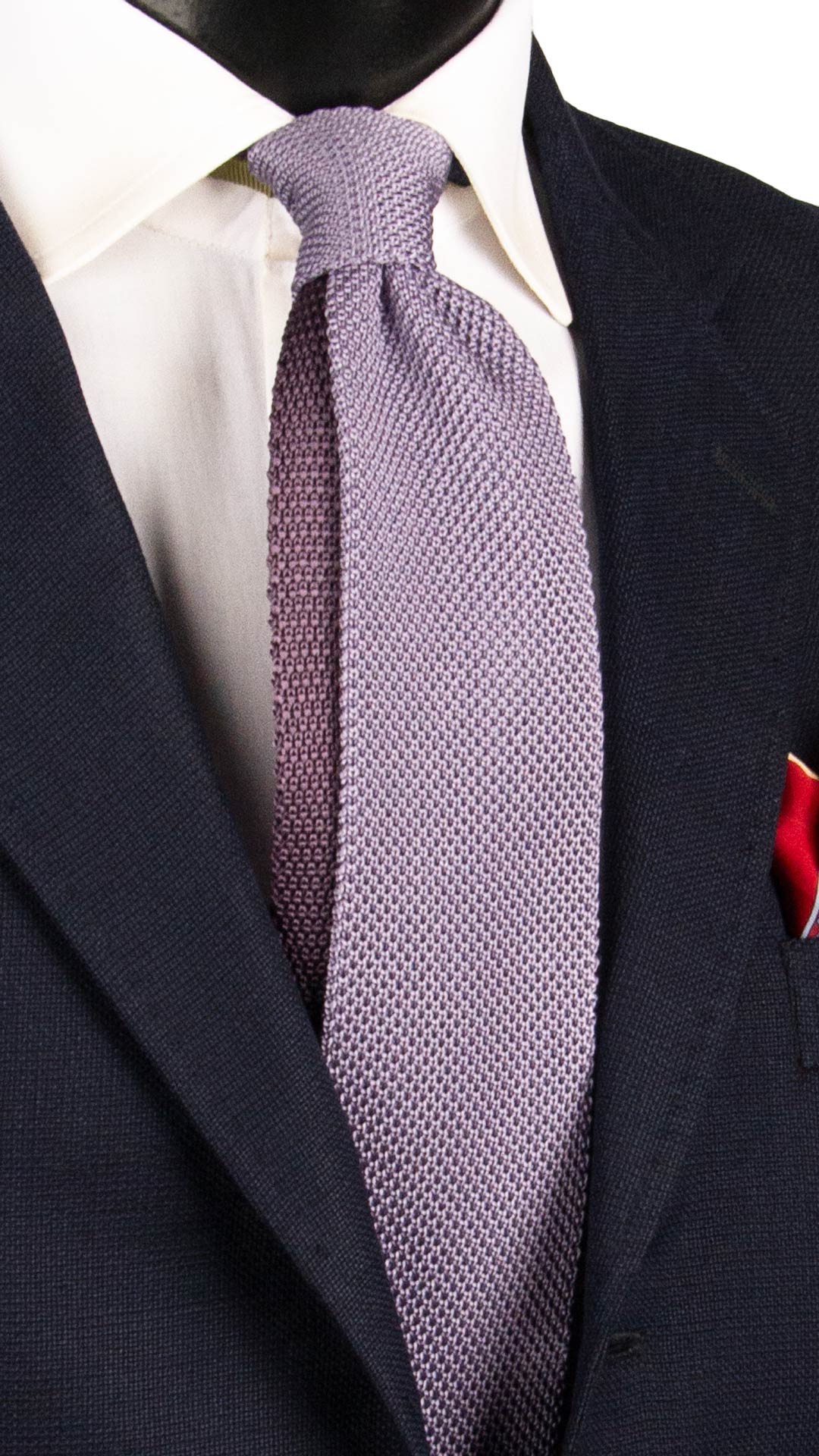 Cravatta Tricot in Maglia di Seta Lilla Pala Piccola in Contrasto Color Melanzana Tinta Unita TRI924 Graffeo Cravatte Made in Italy