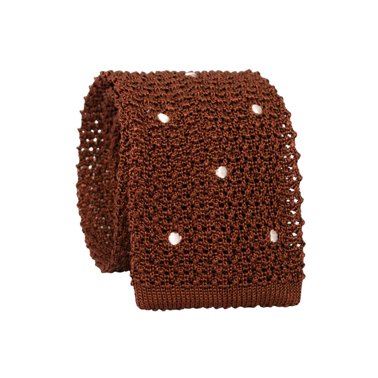 Cravatta Tricot in Maglia di Seta Marrone Chiaro a Pois Bianchi TRI712 Graffeo Cravatte Made in Italy Rotolo
