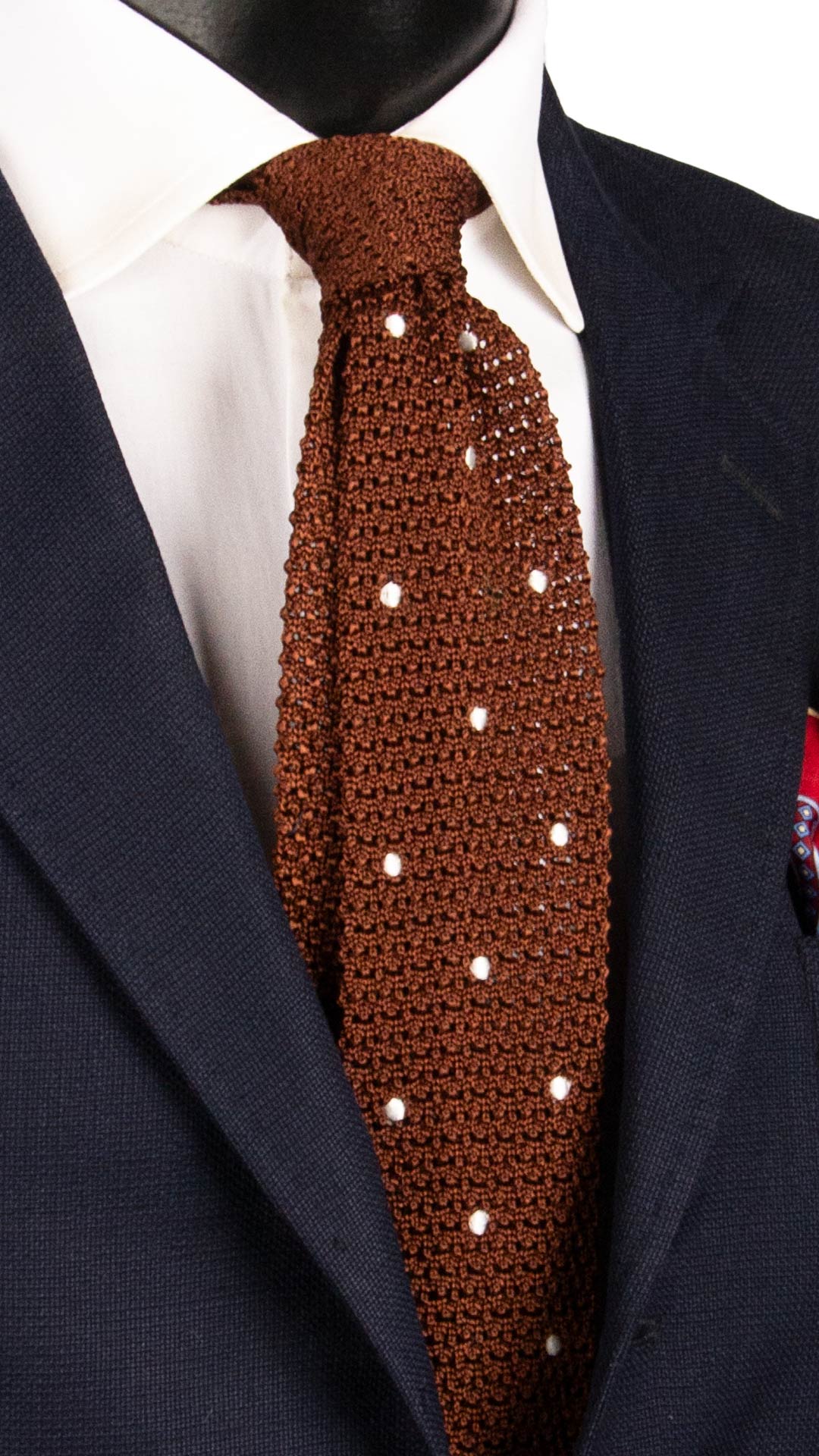 Cravatta Tricot in Maglia di Seta Marrone Chiaro a Pois Bianchi TRI712 Graffeo Cravatte Made in Italy