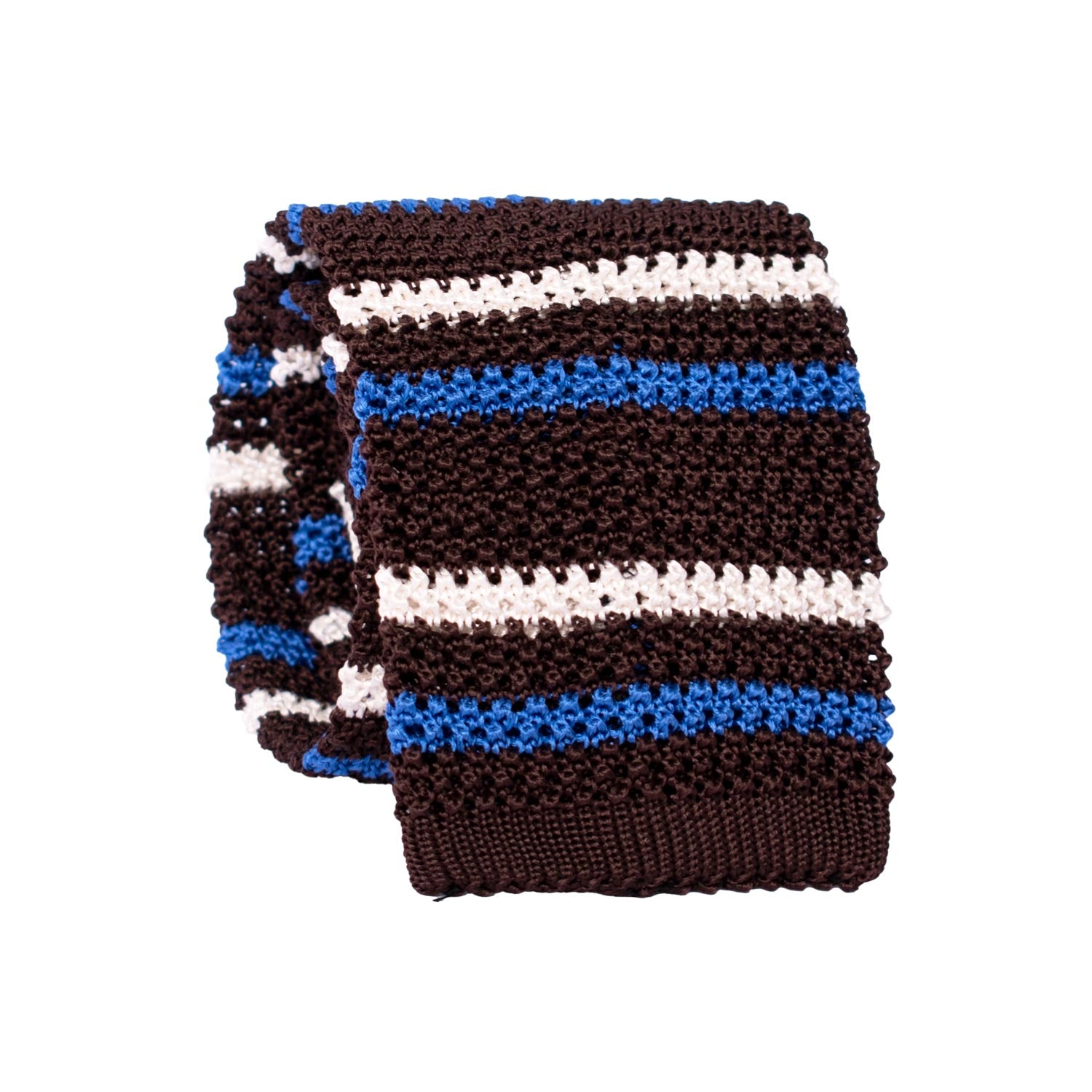 Man Brown Knitted Silk Tie Deep Blue White Stripes TRI917
