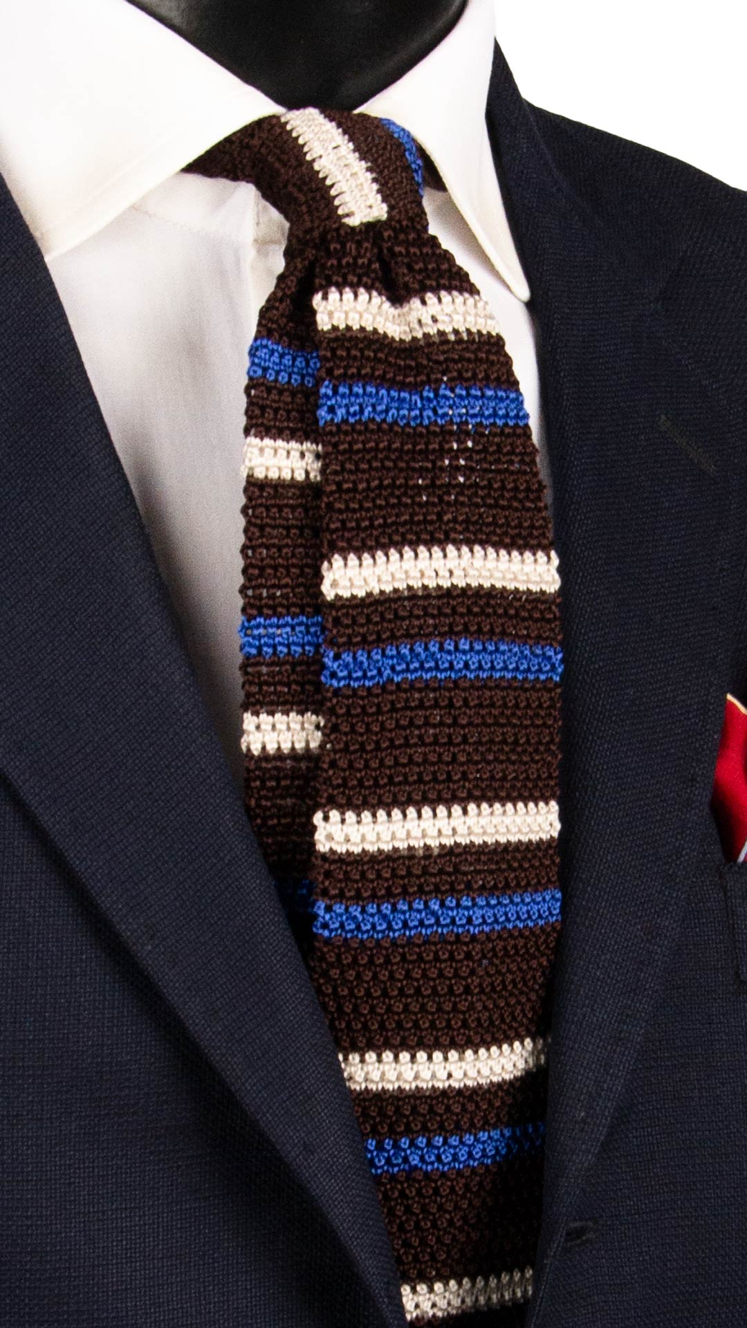 Man Brown Knitted Silk Tie Deep Blue White Stripes TRI917