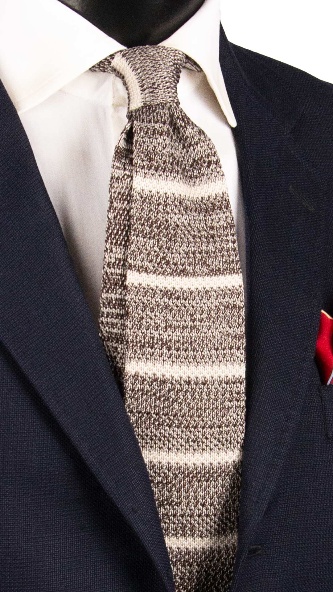 Cravatta Tricot in Maglia di Seta Marrone con Righe Grigie Bianche TRI915 Graffeo Cravatte Made in Italy